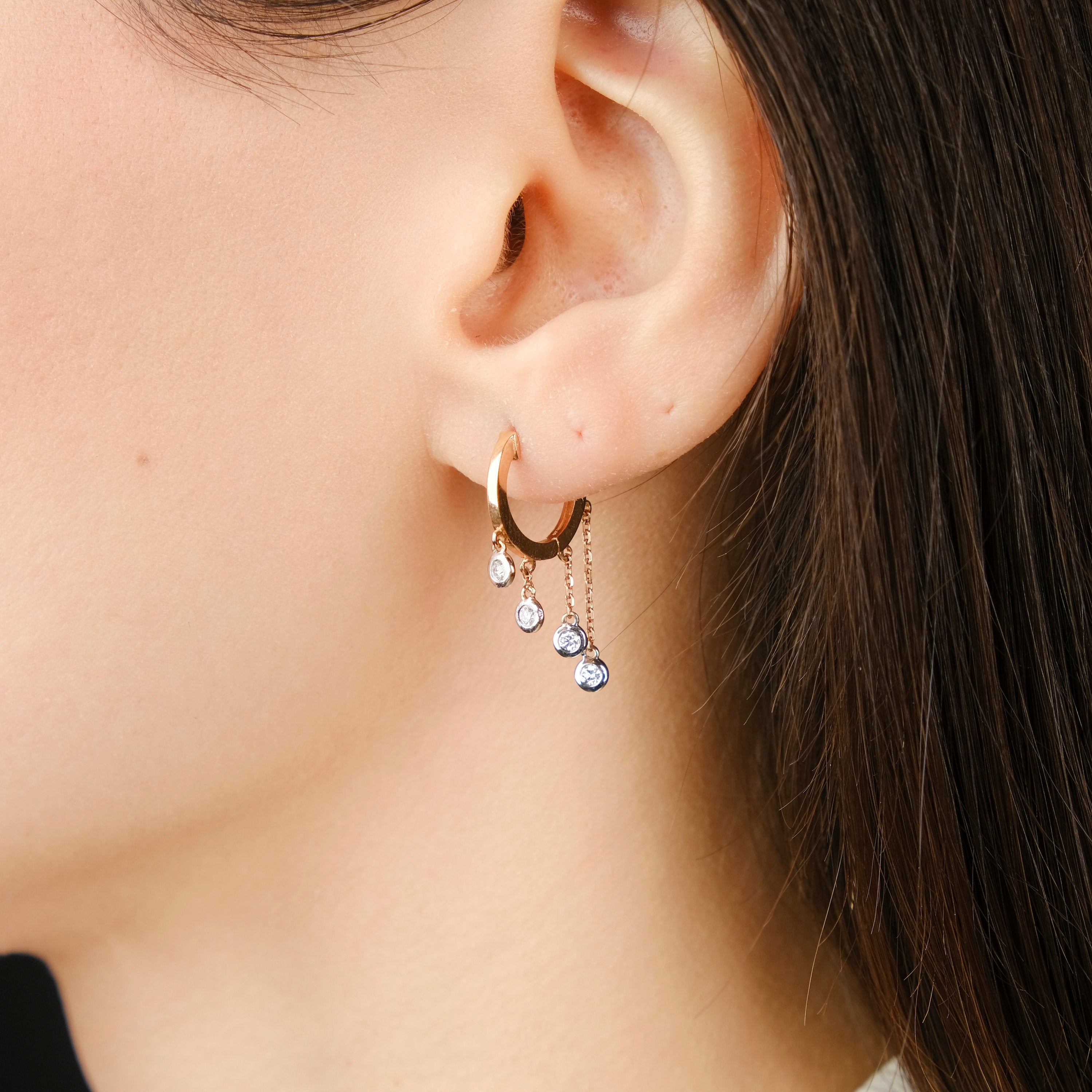 Diamond Huggie Hoops With Bezel Set Diamond Dangling Charms in 14K Gold