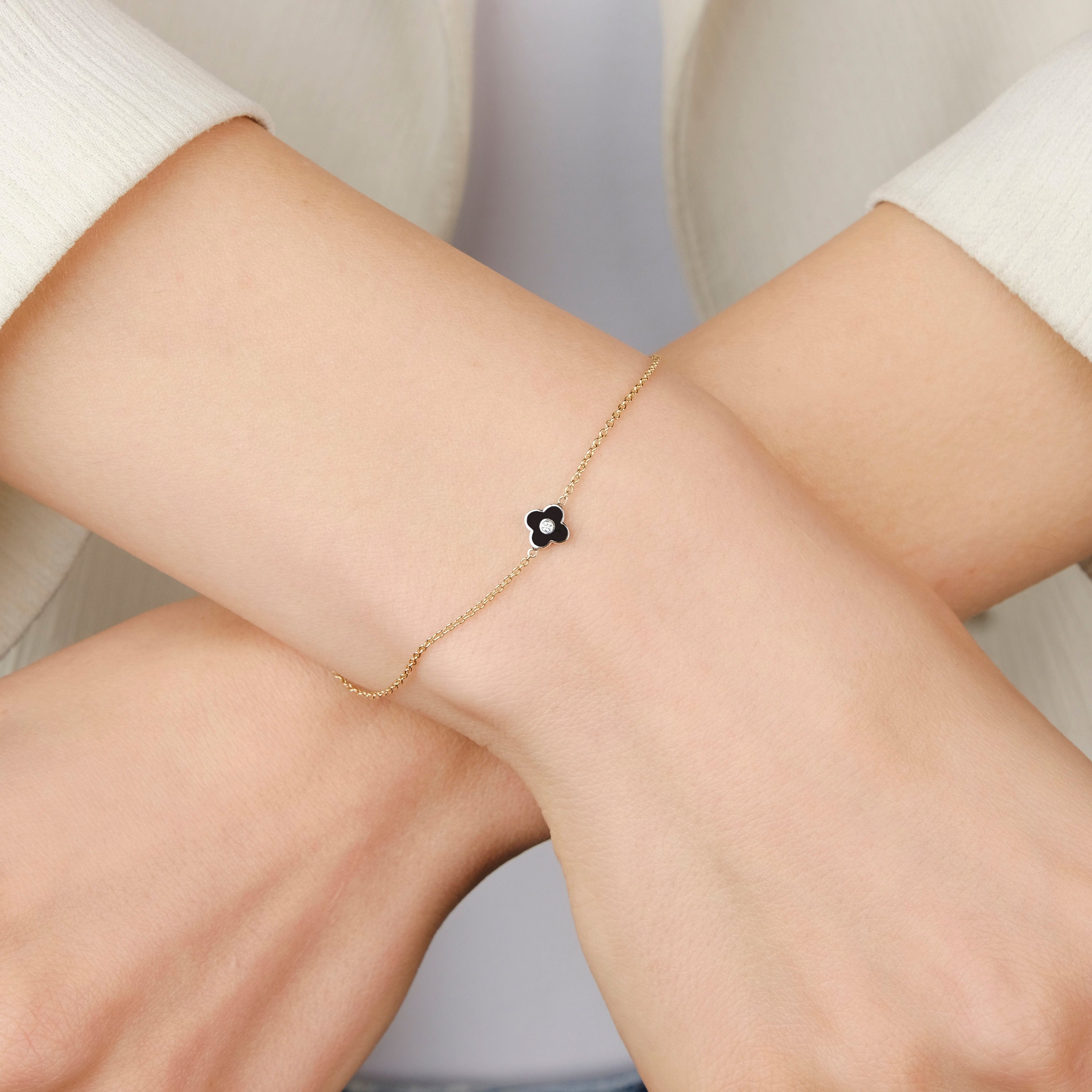 DOUBLE SIDED DIAMOND Mini CLOVER BRACELET IN 14K GOLD / BLACK CLOVER