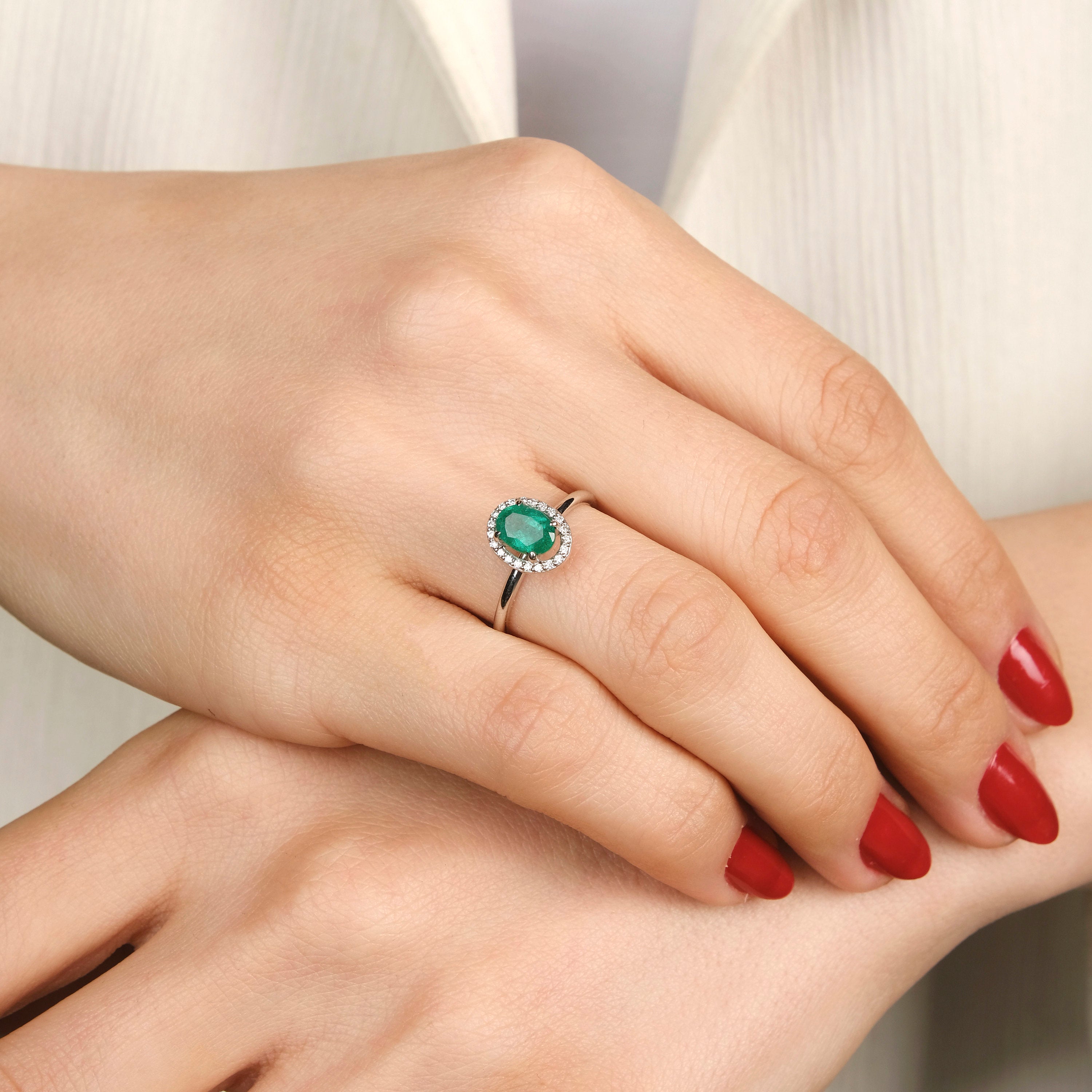 Oval Cut Emerald and Diamond Ring in 14K Gold