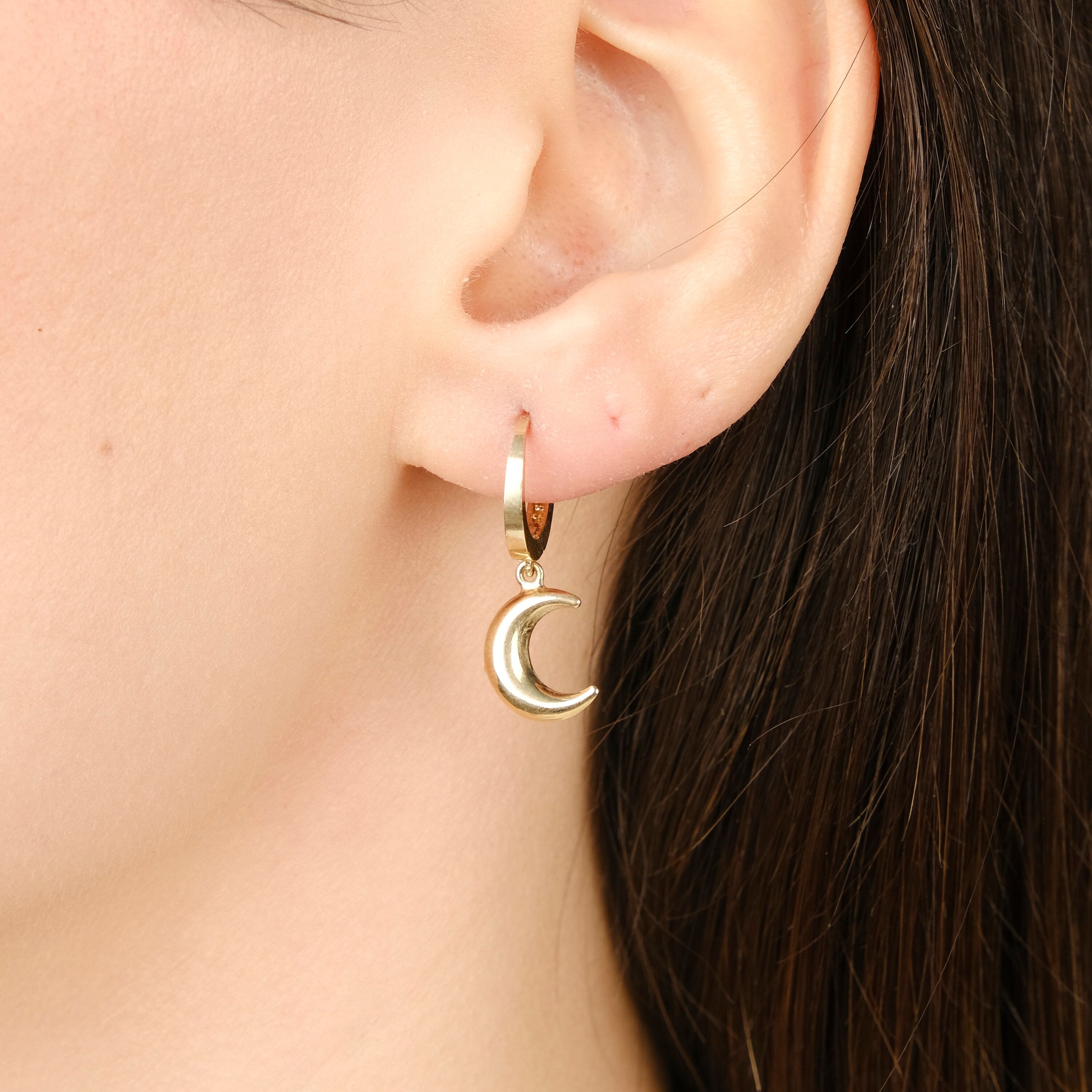 Moon Dangle Hoops in 14K Gold