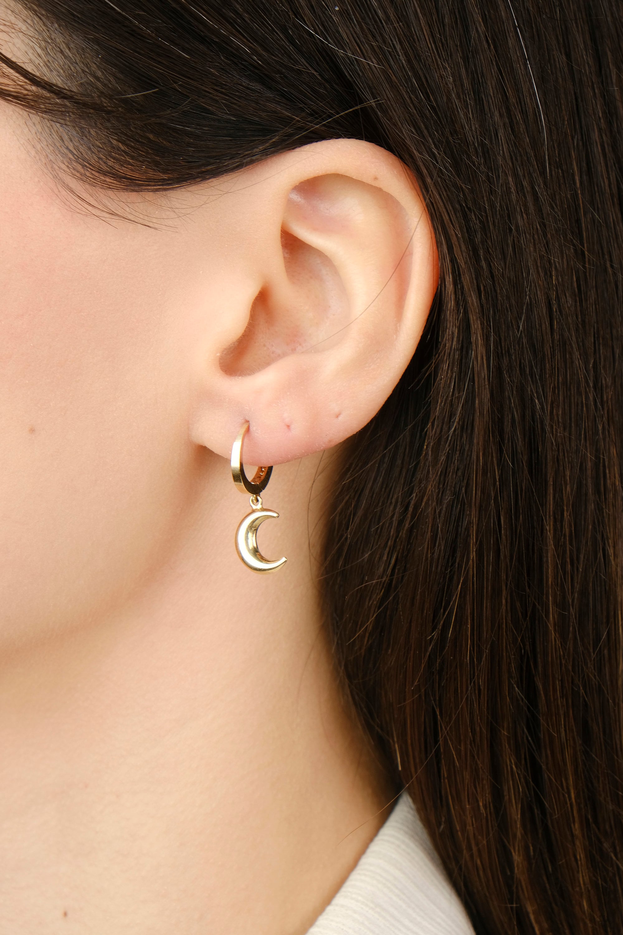 Moon Dangle Hoops in 14K Gold