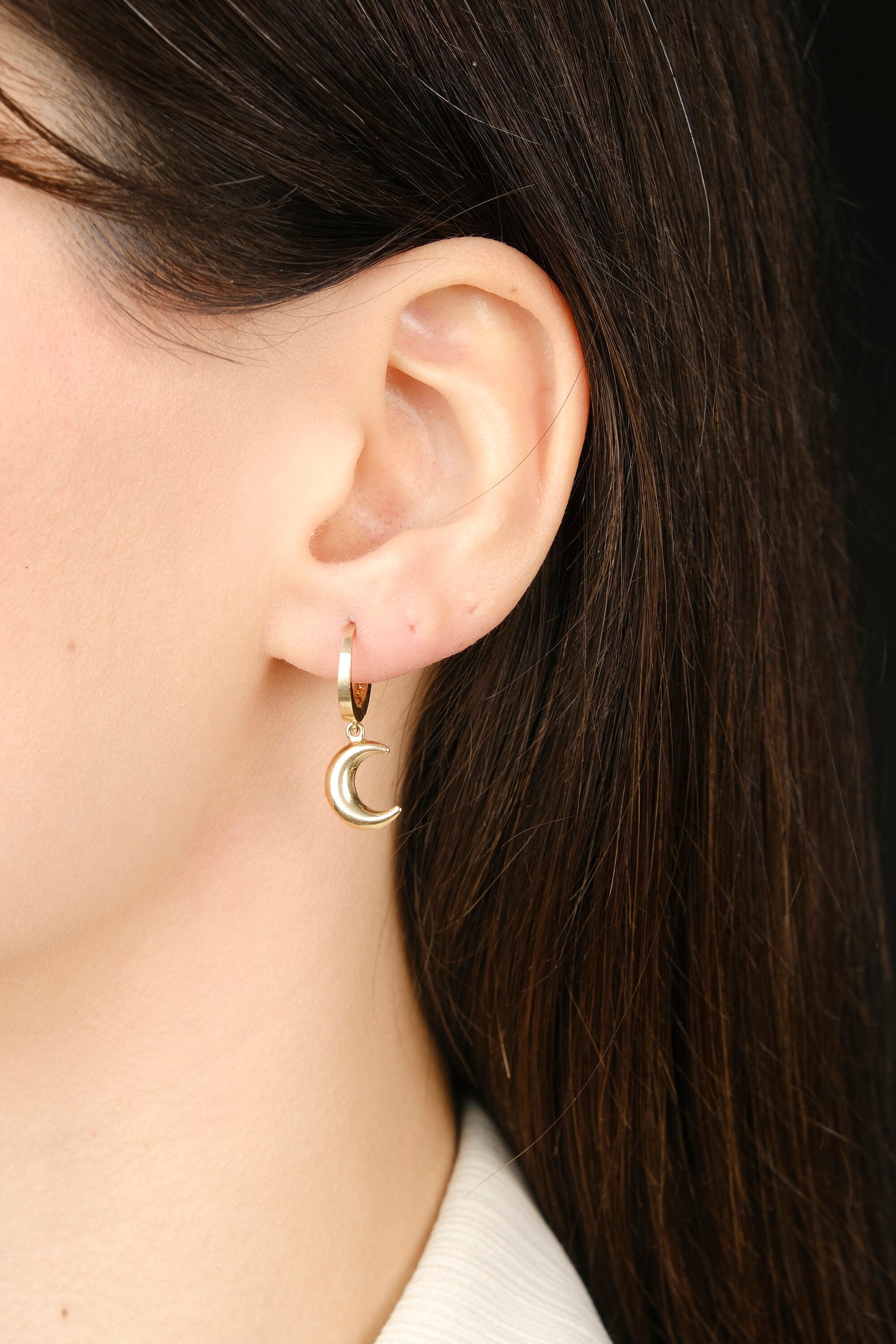 Moon Dangle Hoops in 14K Gold