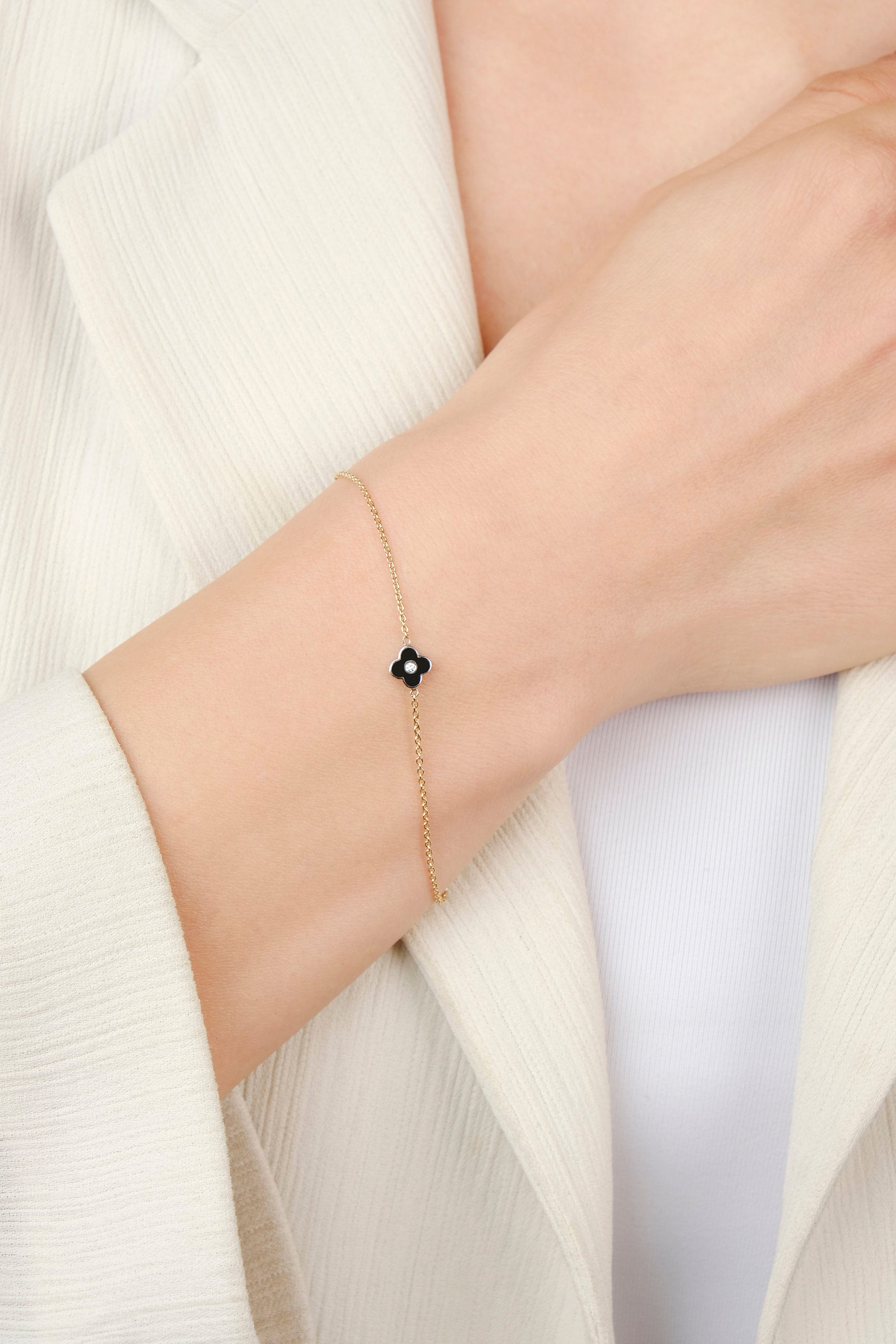 DOUBLE SIDED DIAMOND Mini CLOVER BRACELET IN 14K GOLD / BLACK CLOVER