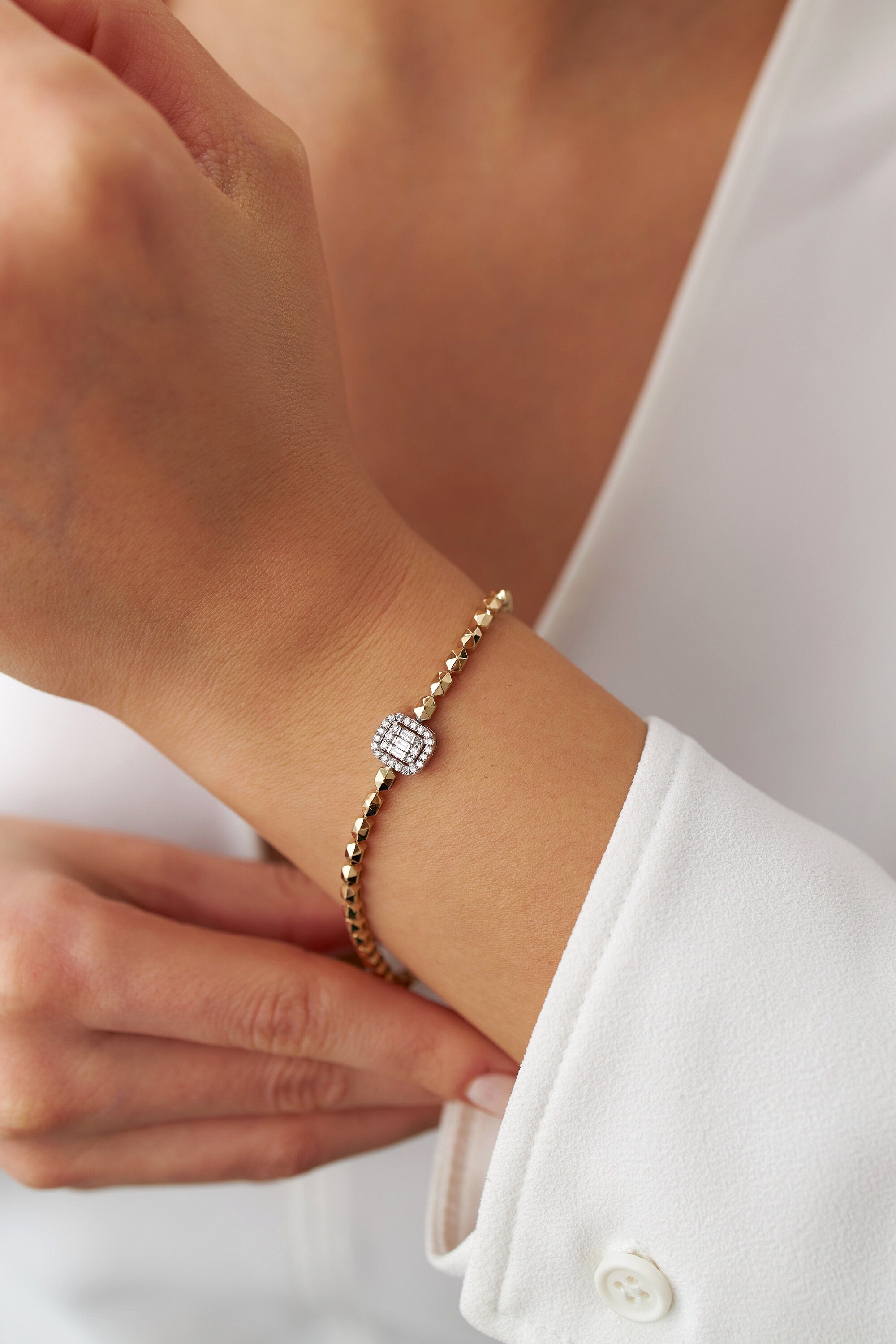 Diamond Geometric Chain Bracelet Available in 14K and 18K Gold