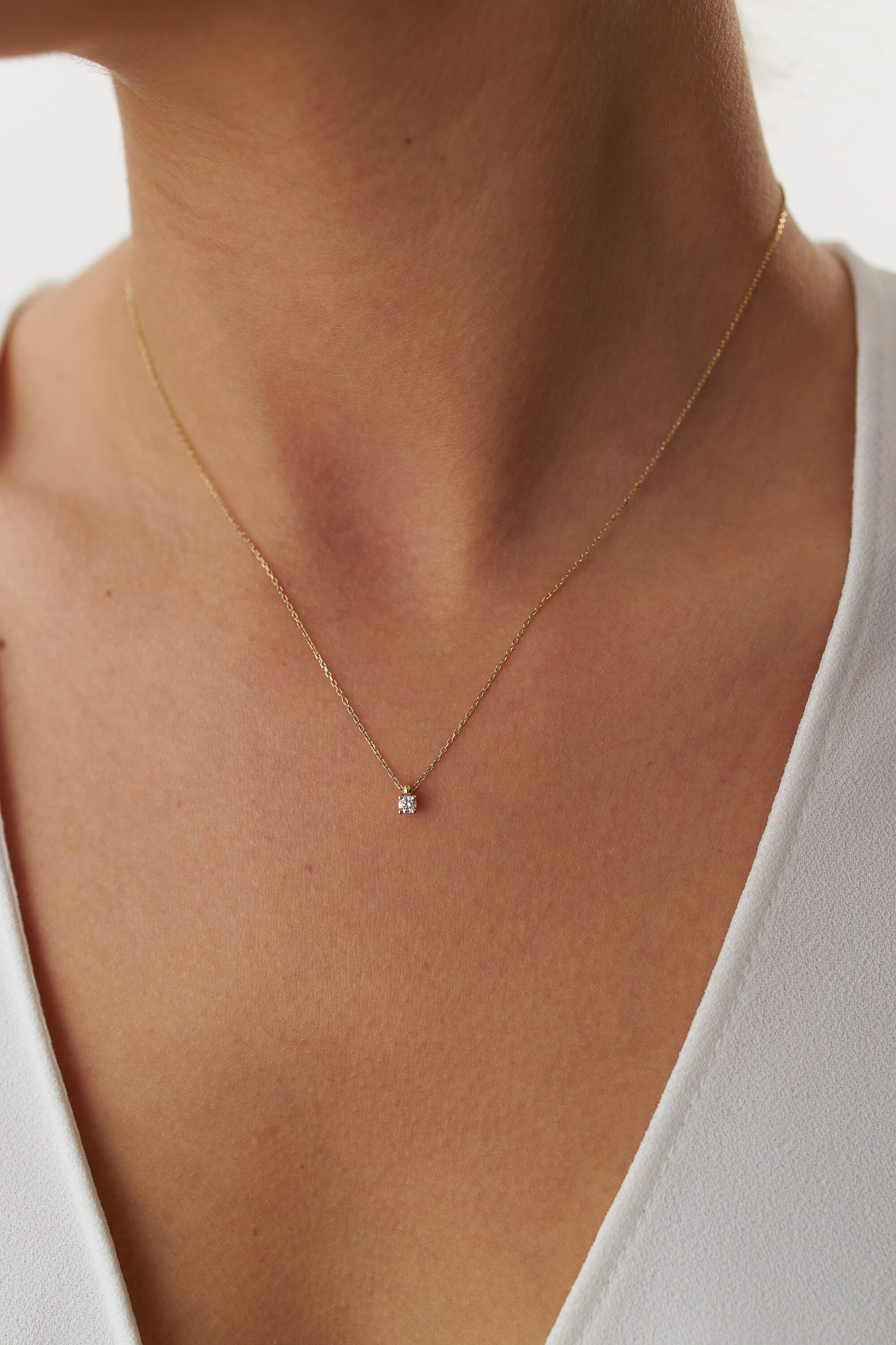 Mini Diamond Solitaire Necklace in 14K Gold / Four Prong Mini