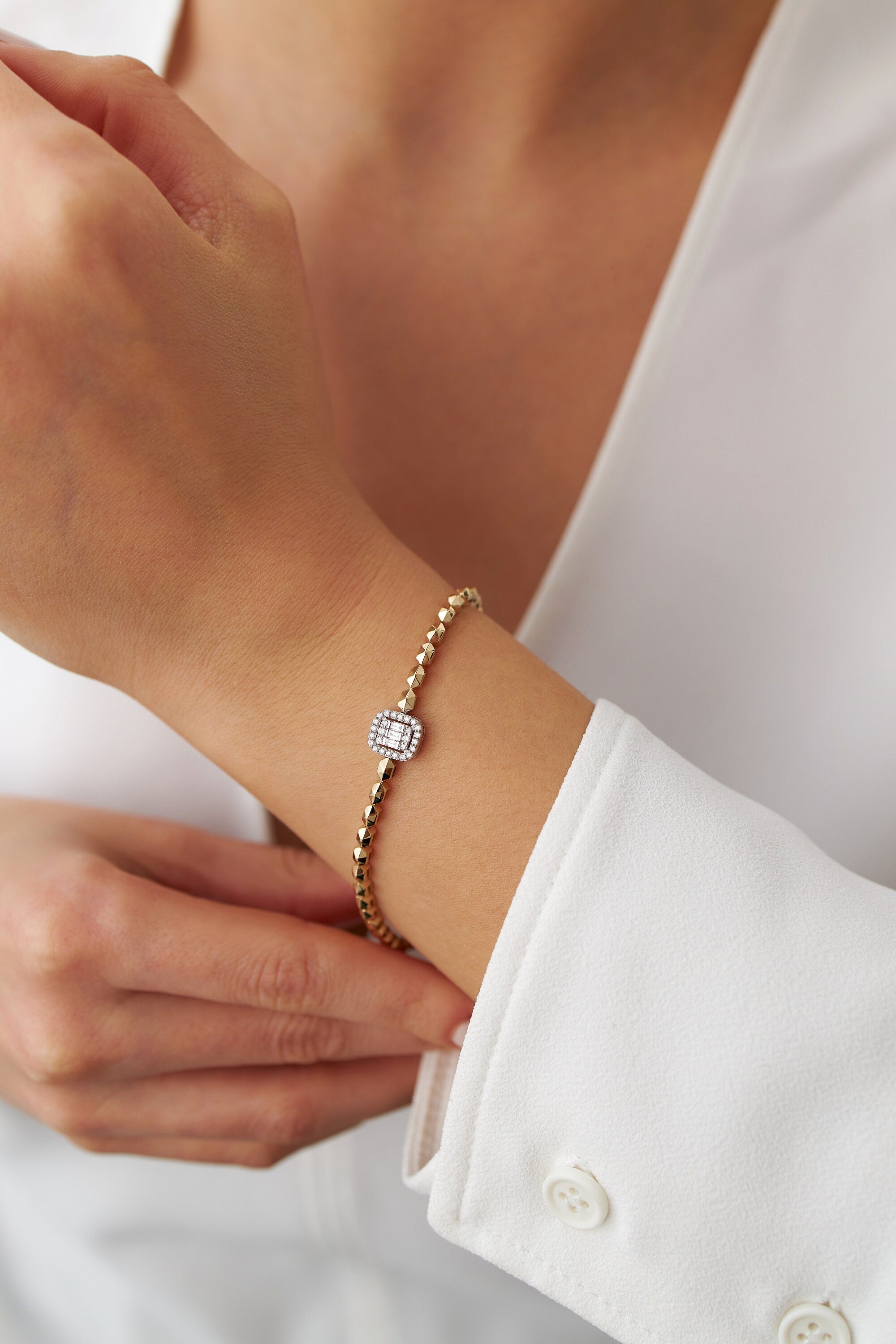 Diamond Geometric Chain Bracelet Available in 14K and 18K Gold