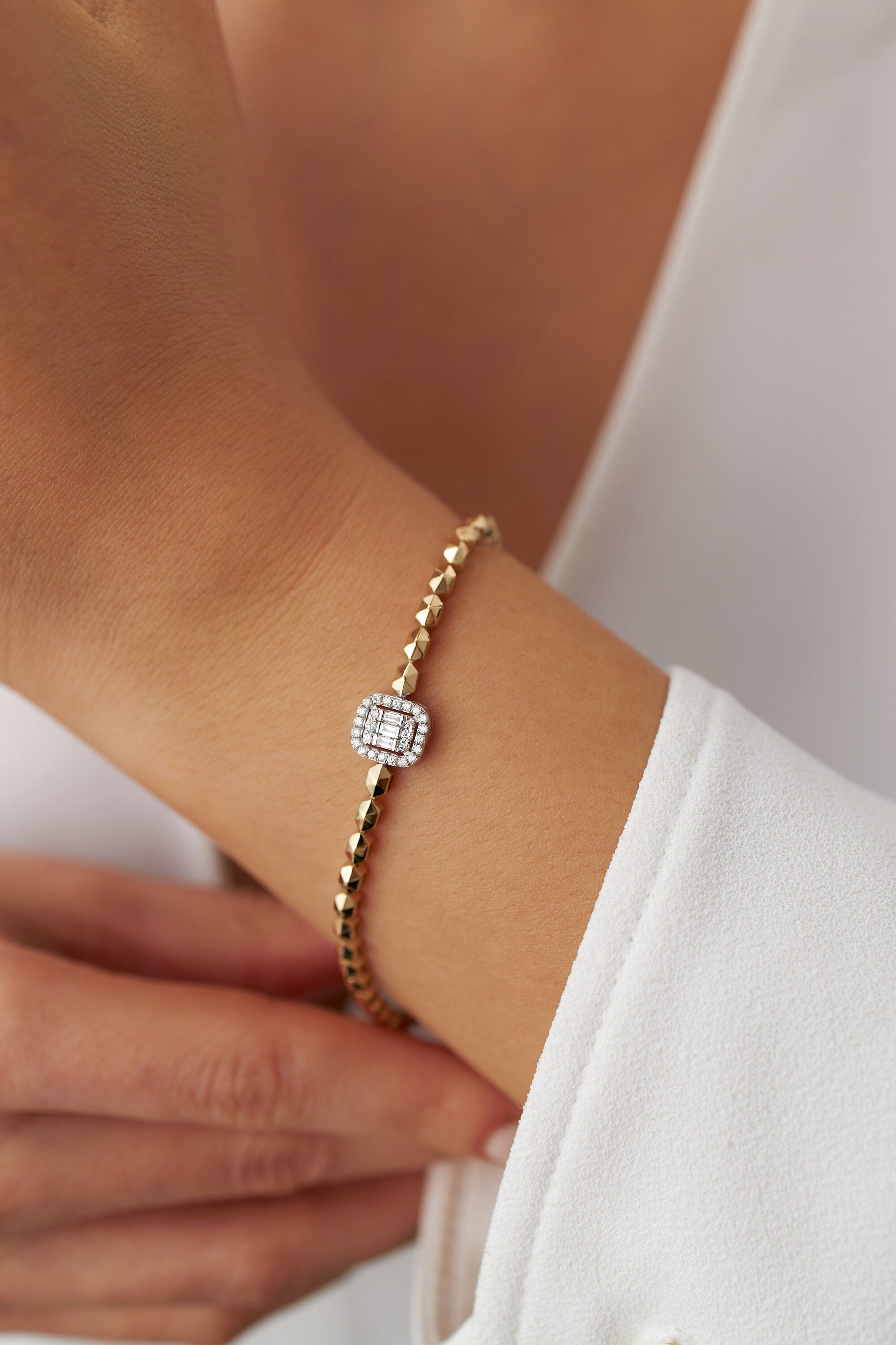 Diamond Geometric Chain Bracelet Available in 14K and 18K Gold