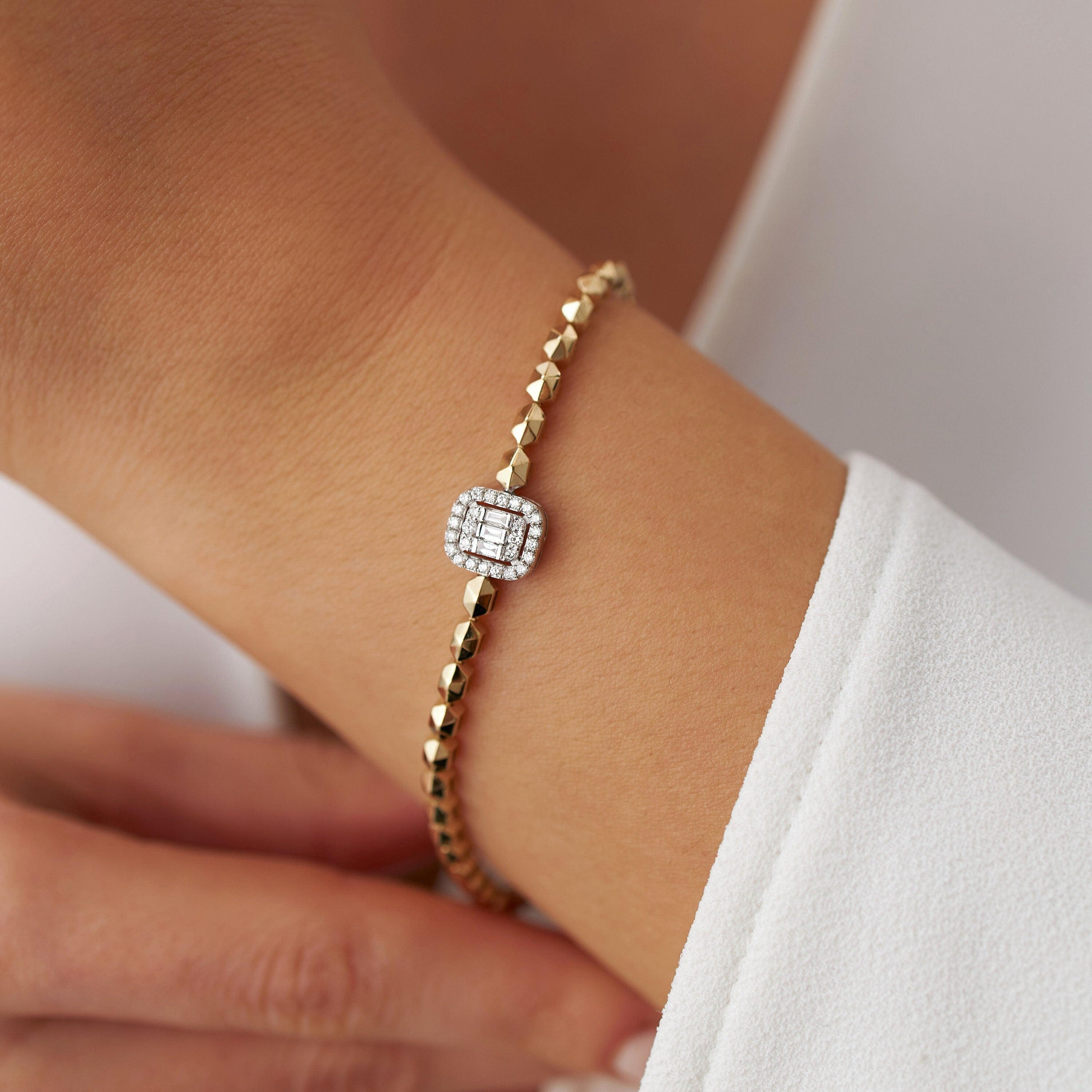 Diamond Geometric Chain Bracelet Available in 14K and 18K Gold