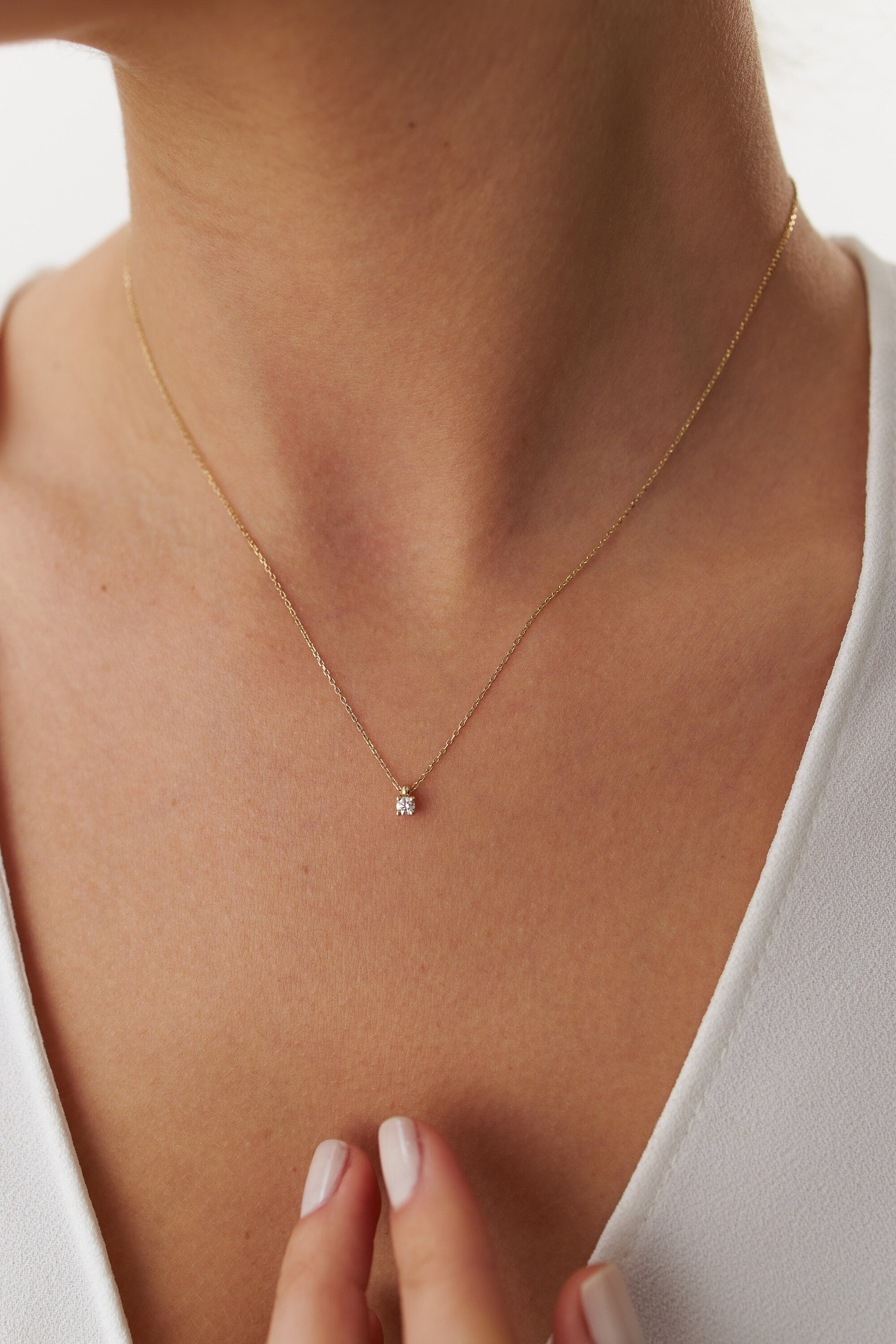 Mini Diamond Solitaire Necklace in 14K Gold / Four Prong Mini