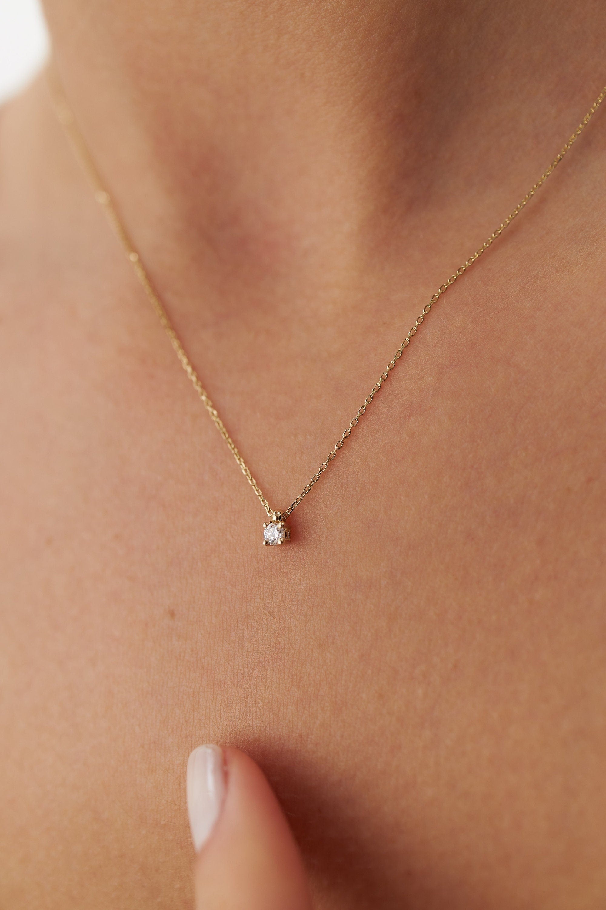 Mini Diamond Solitaire Necklace in 14K Gold / Four Prong Mini