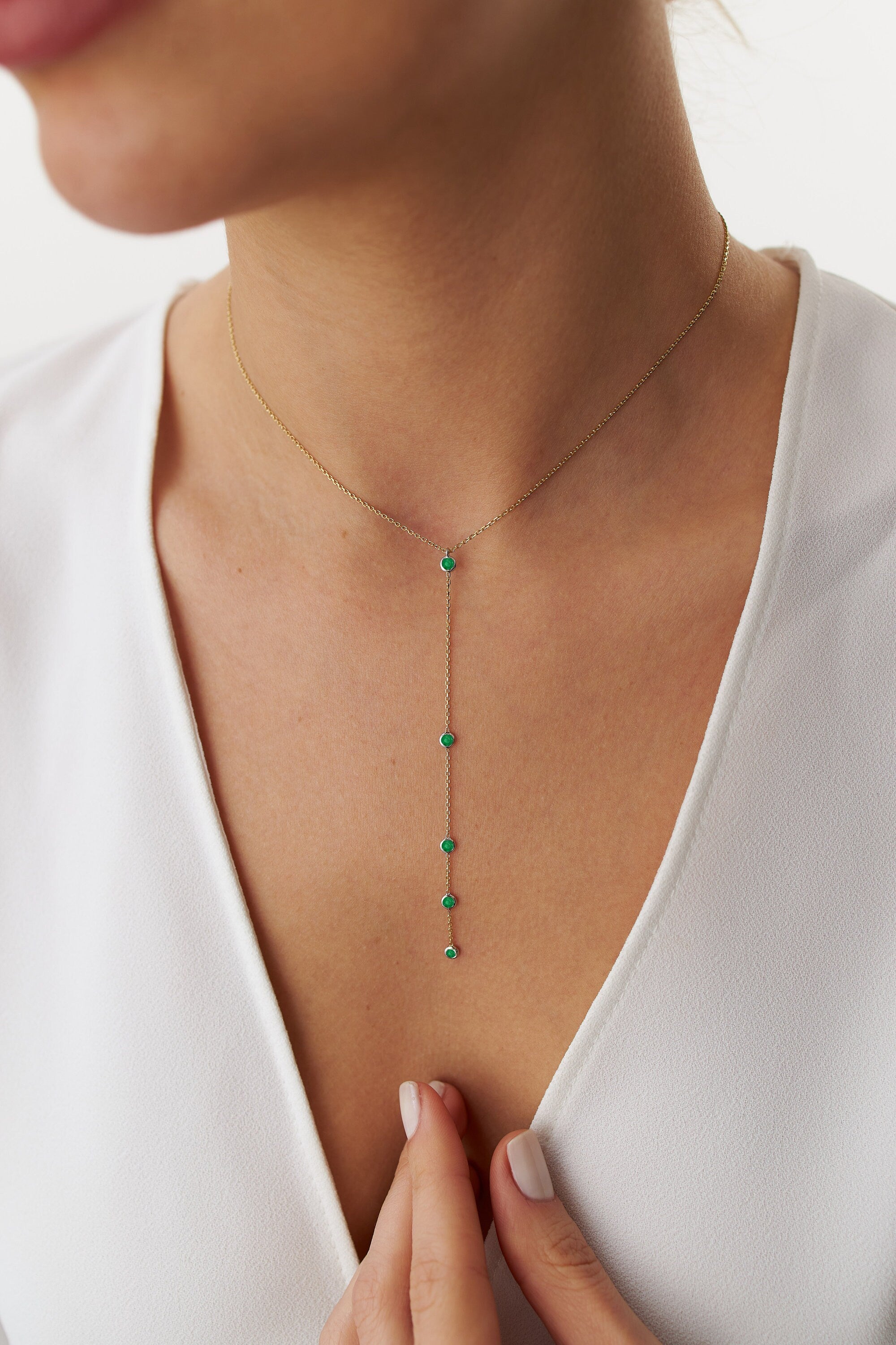 Emerald Lariat Necklace Available in 14K and 18K Gold