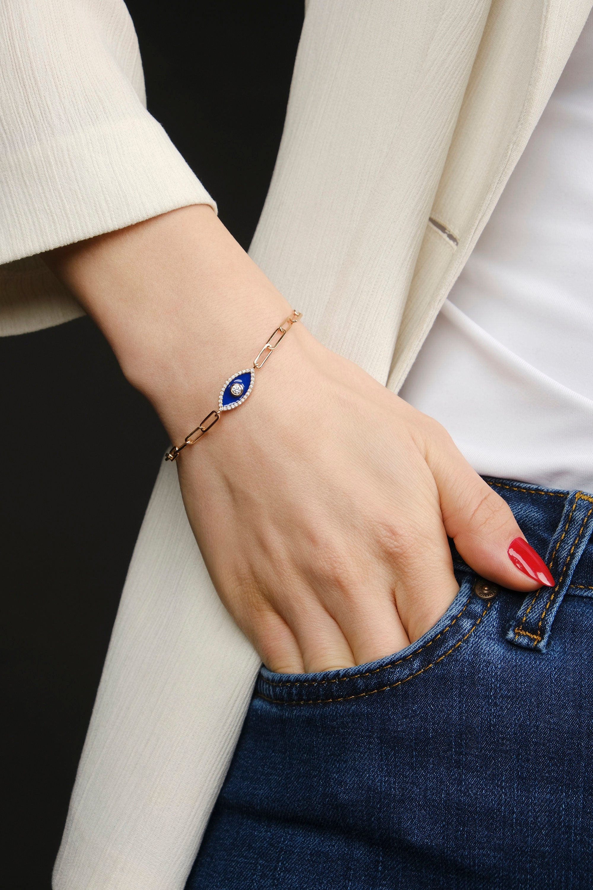 Double Sided Diamond Evil Eye Bracelet in 14K Gold