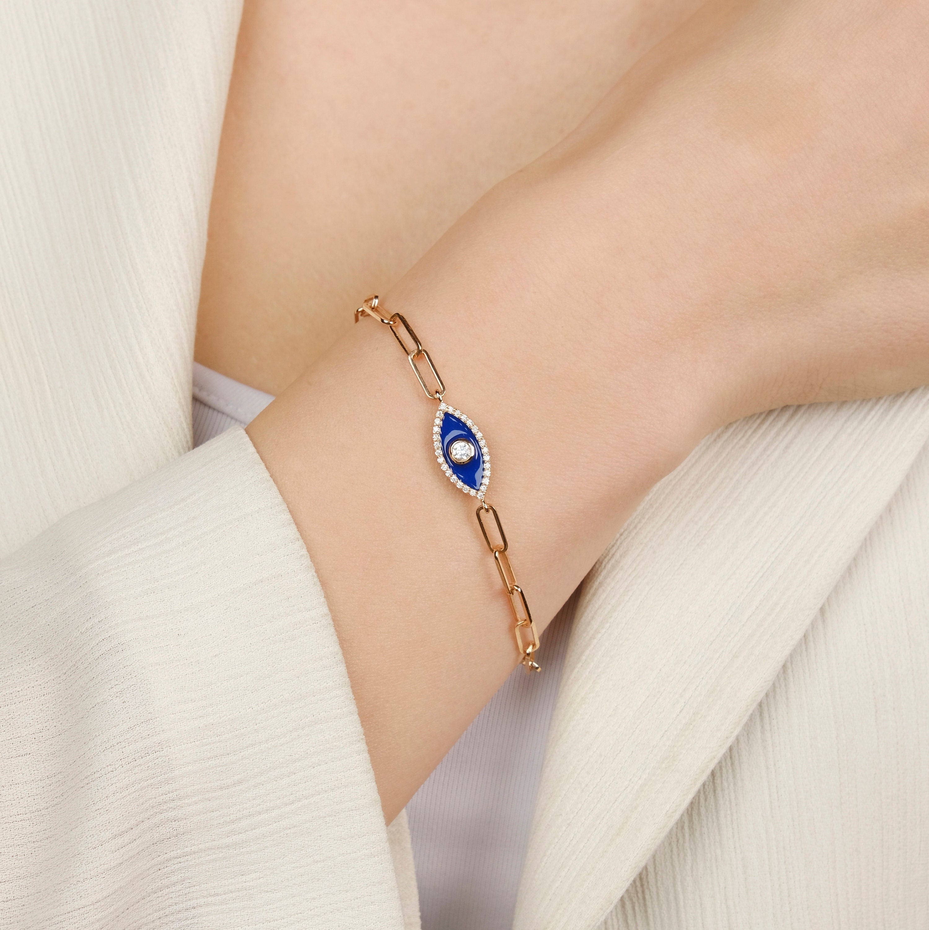 Double Sided Diamond Evil Eye Bracelet in 14K Gold