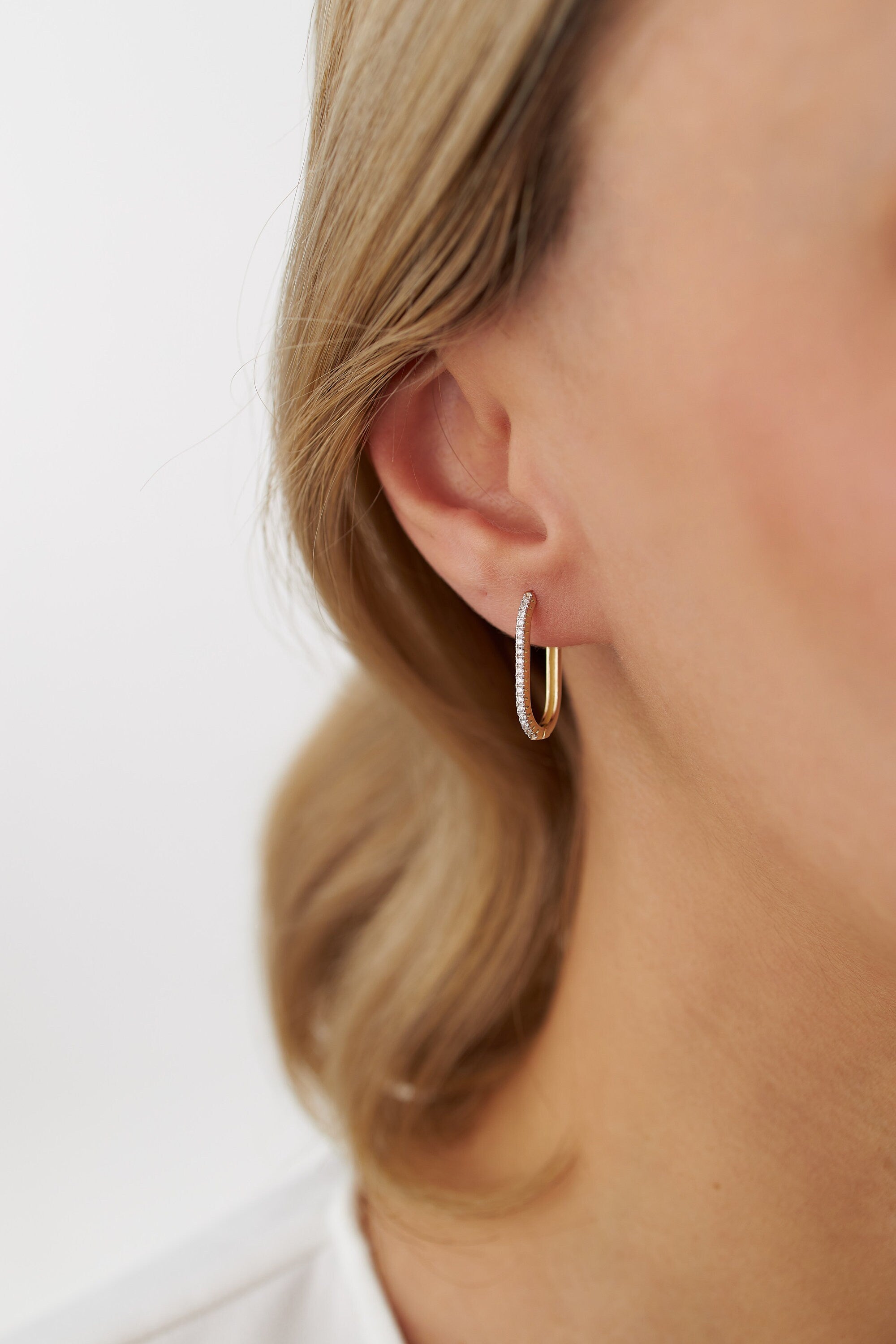 Diamond Rectangle Hoop Earrings in 14K Gold