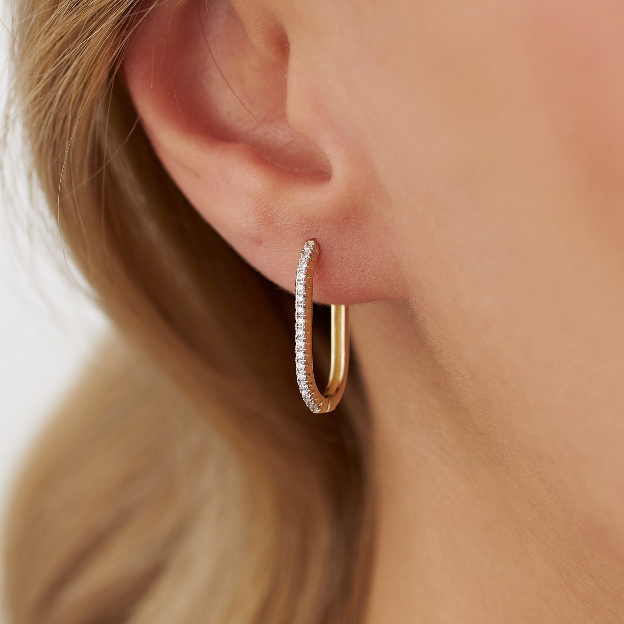 Diamond Rectangle Hoop Earrings in 14K Gold