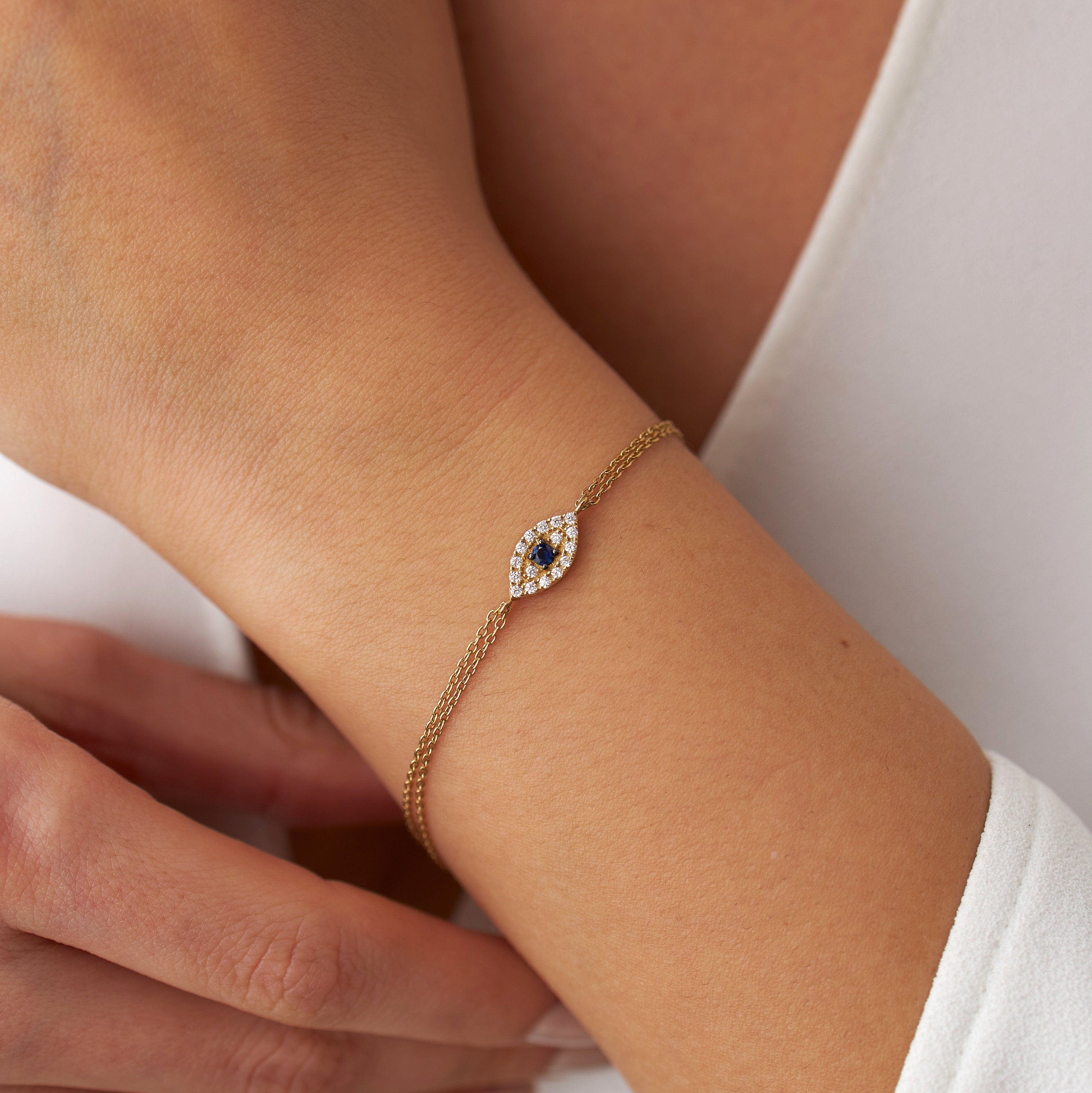 Blue Sapphire and Diamond Evil Eye Bracelet Available in 14K Gold and 18K Gold