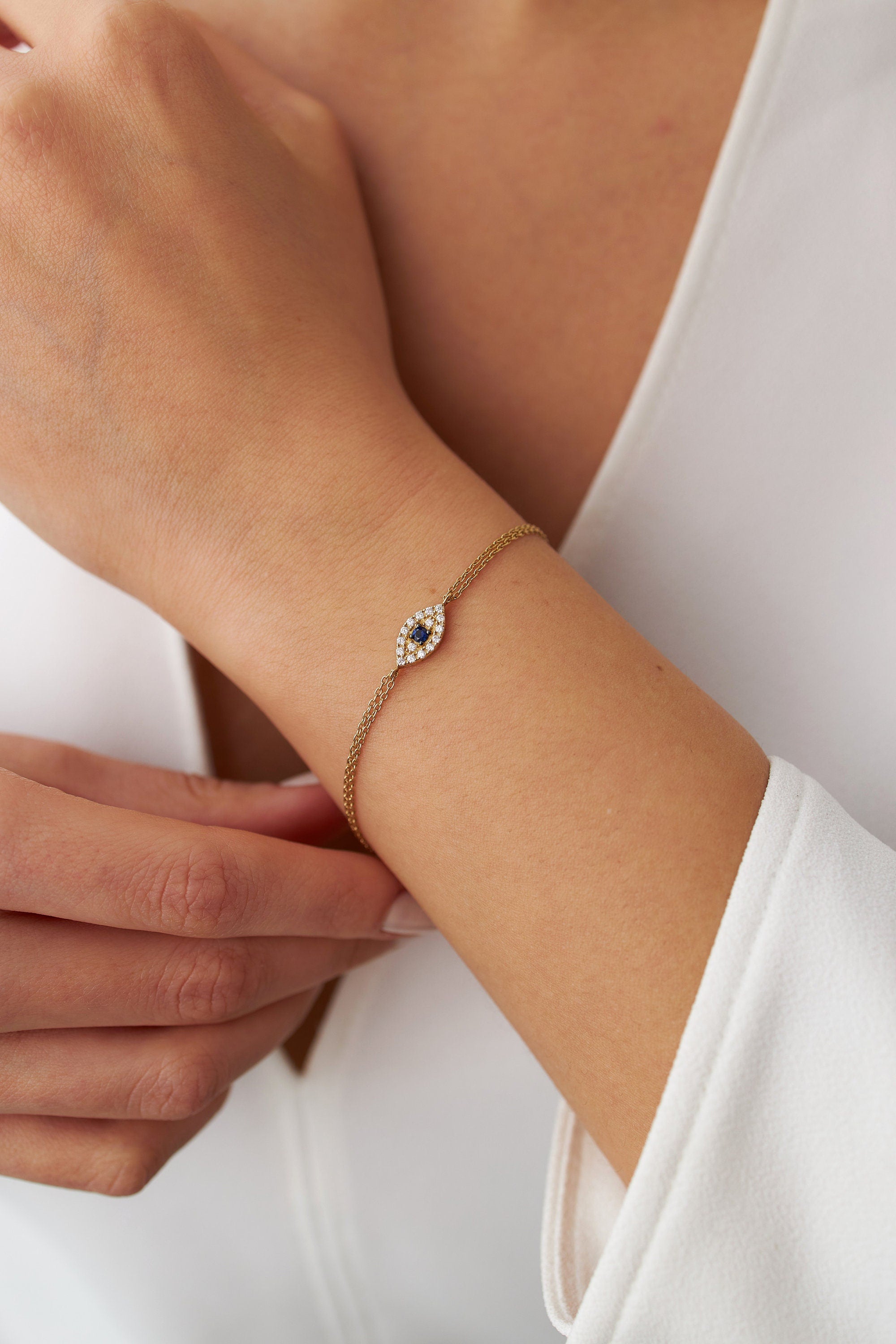 Blue Sapphire and Diamond Evil Eye Bracelet Available in 14K Gold and 18K Gold