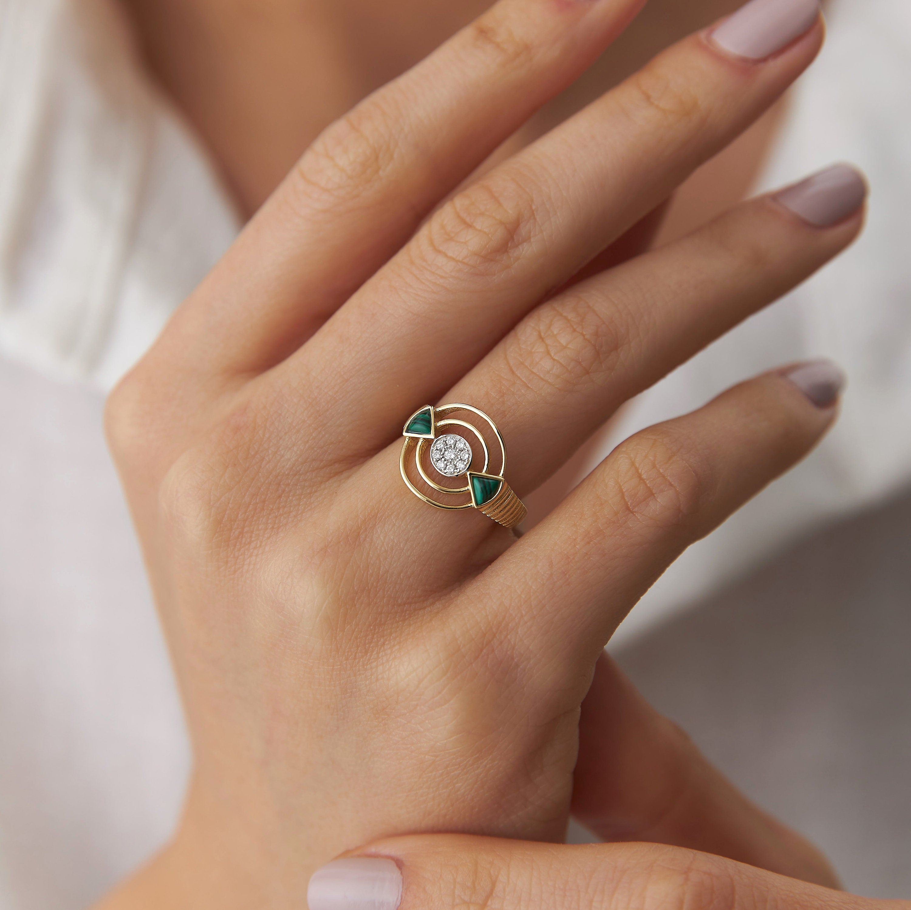 14K Gold Diamond and Malachite Ring