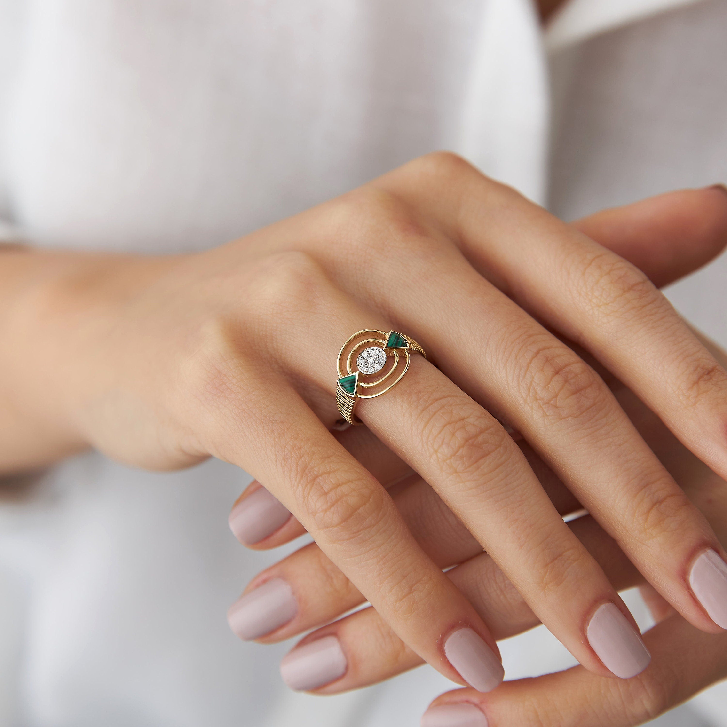 14K Gold Diamond and Malachite Ring