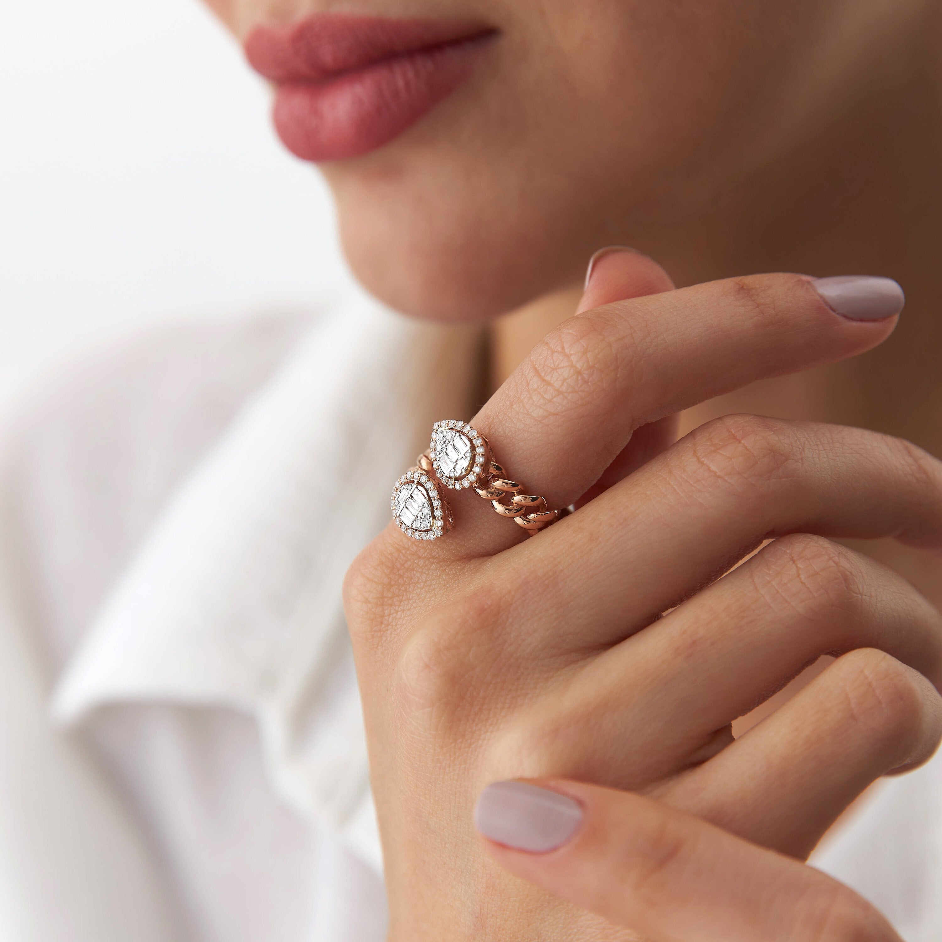 Double Diamond Chain Ring in 14K Gold