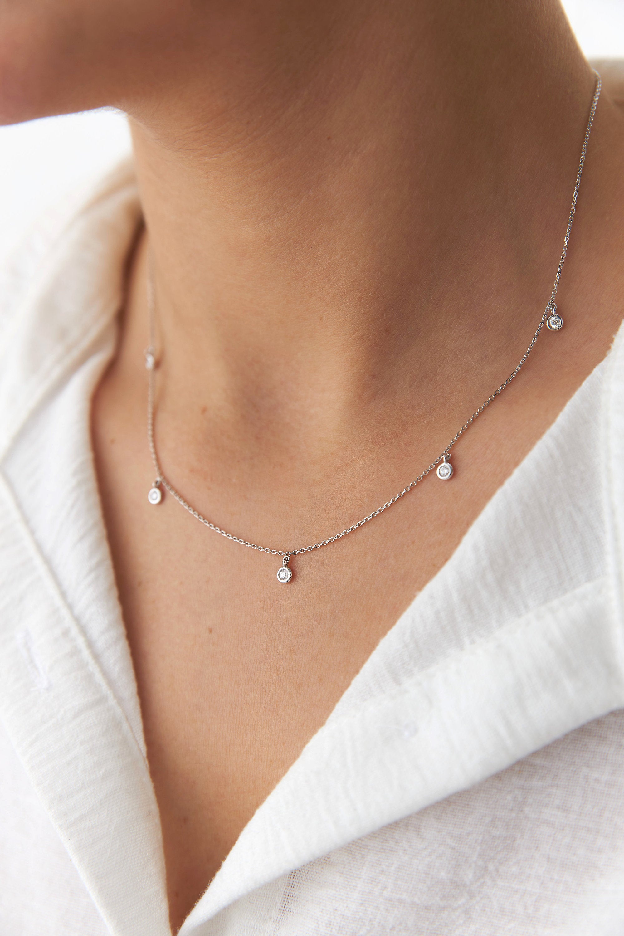 Diamond Dangle Station Necklace Available in 14K and 18K Gold