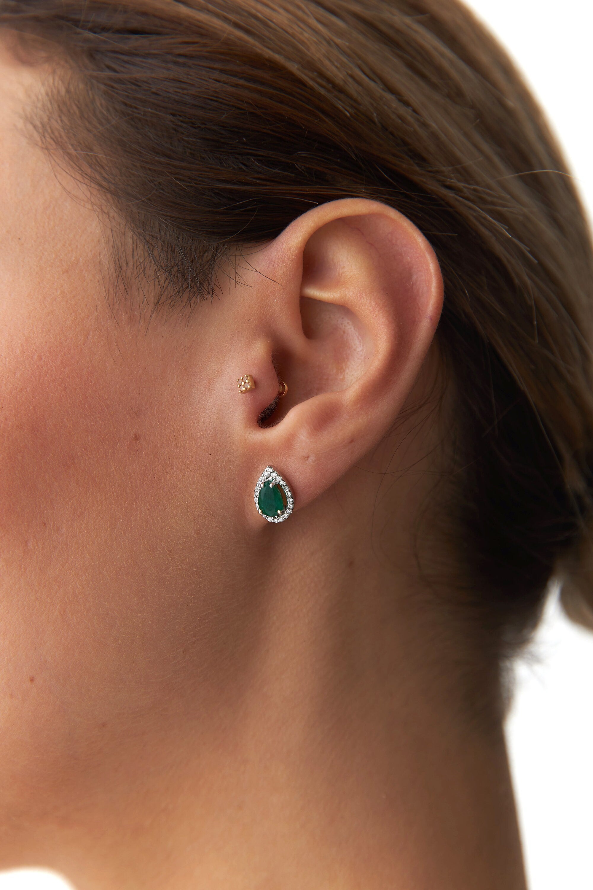 Large Pear Cut Emerald and Diamond Earring in 14K Gold / Green Pair