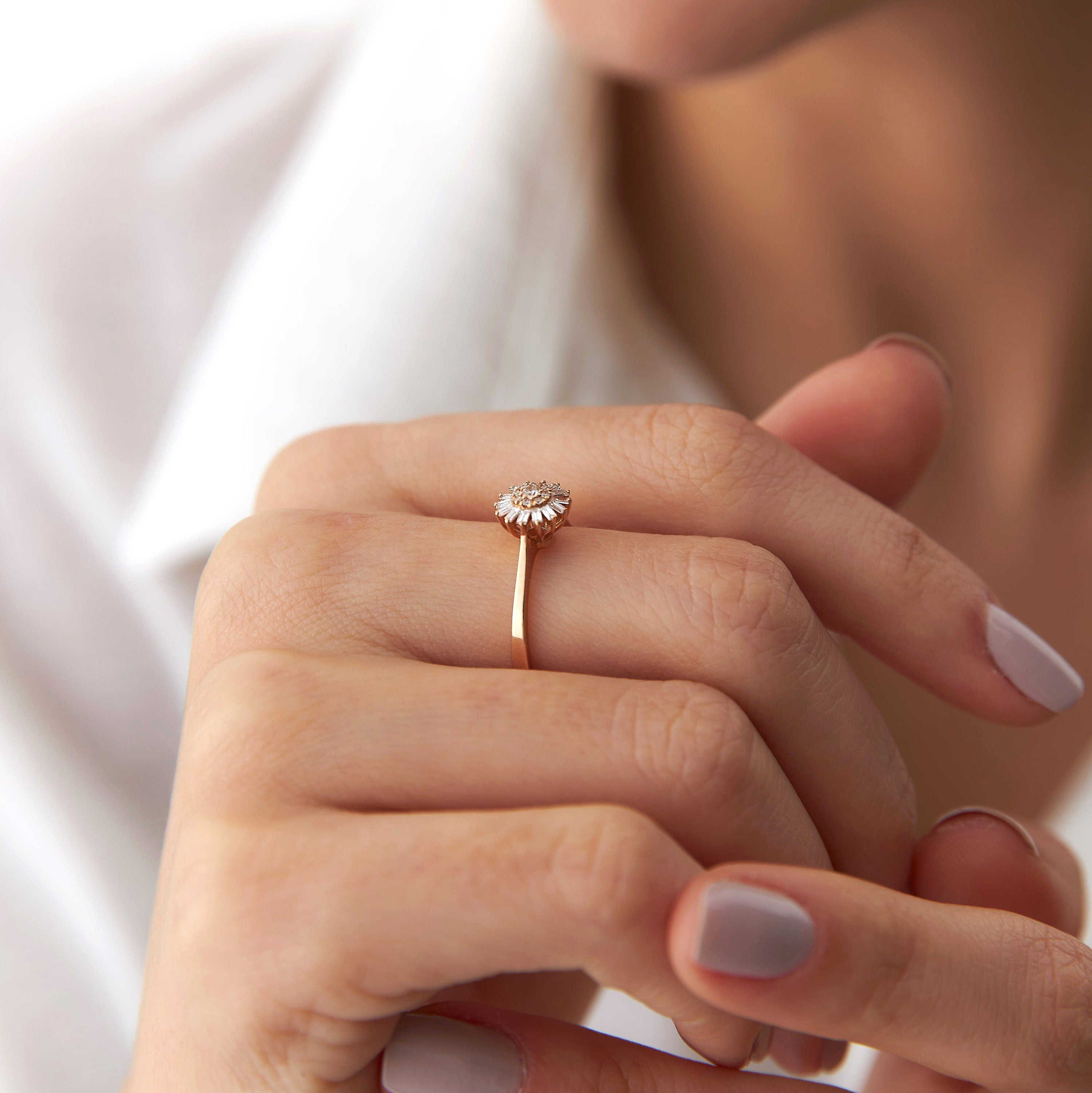 Baguette Cut Diamond Flower Ring in 14K Gold