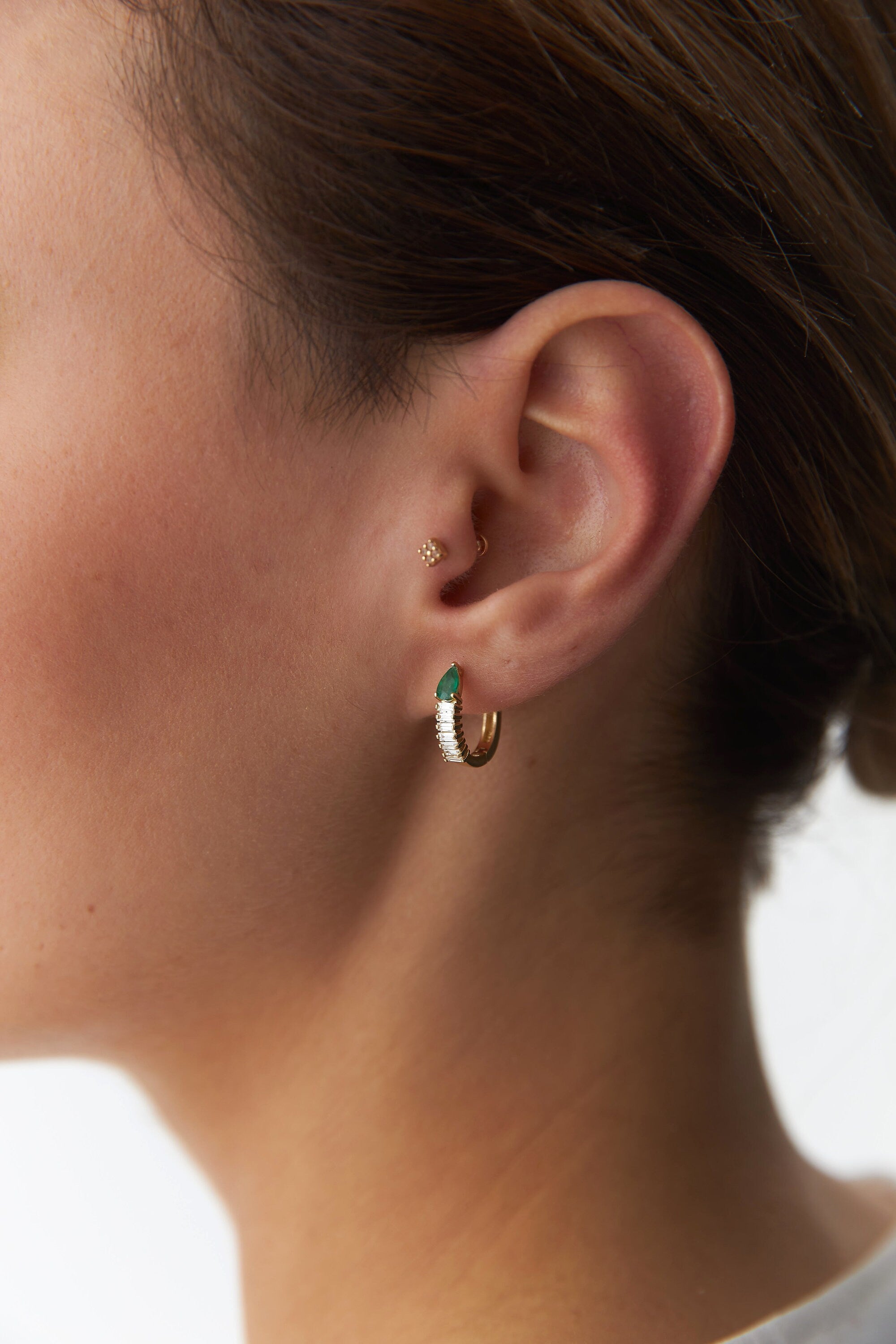 Emerald Earrings With Baguette Cut Diamonds Available in 14K and 18K Gold