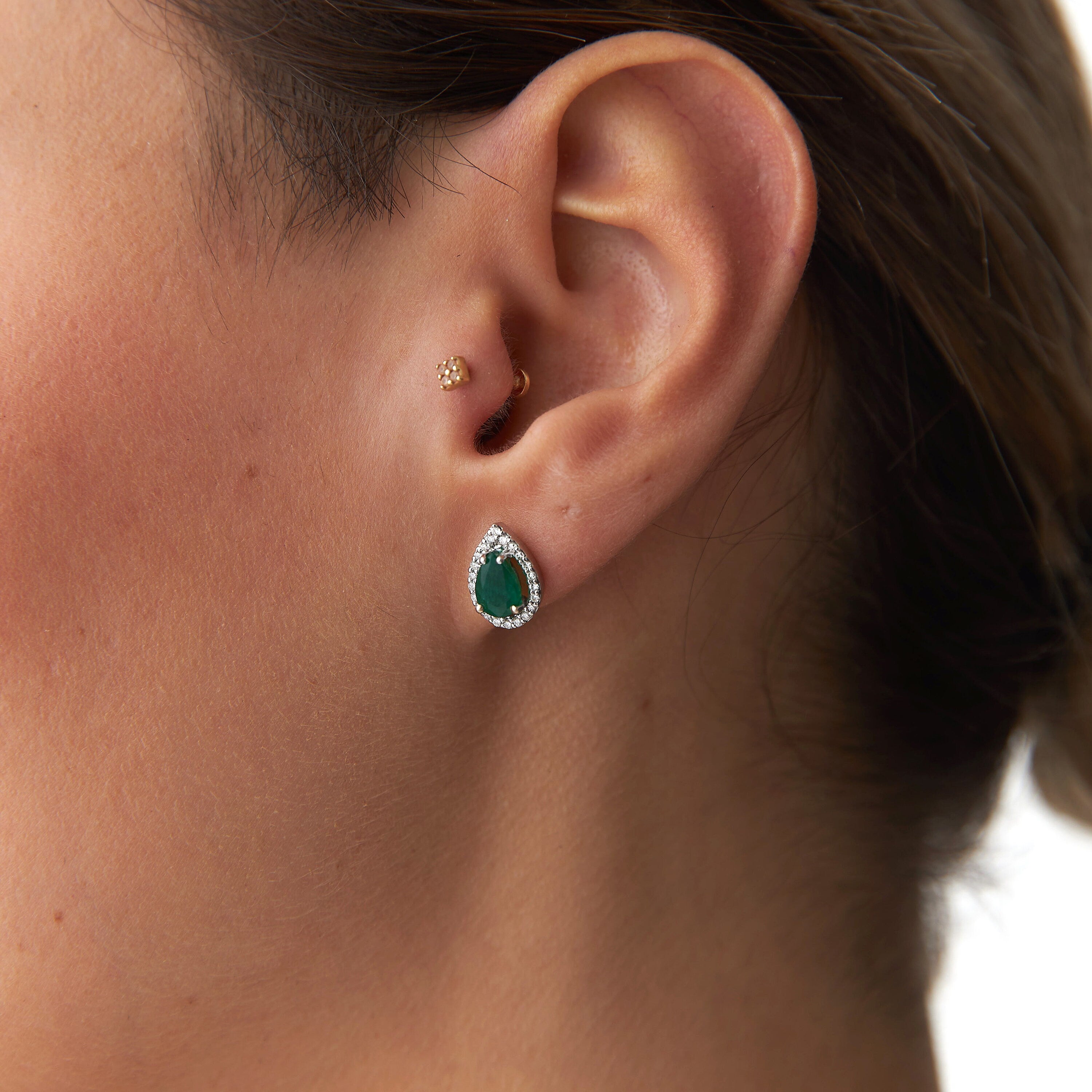 Large Pear Cut Emerald and Diamond Earring in 14K Gold / Green Pair