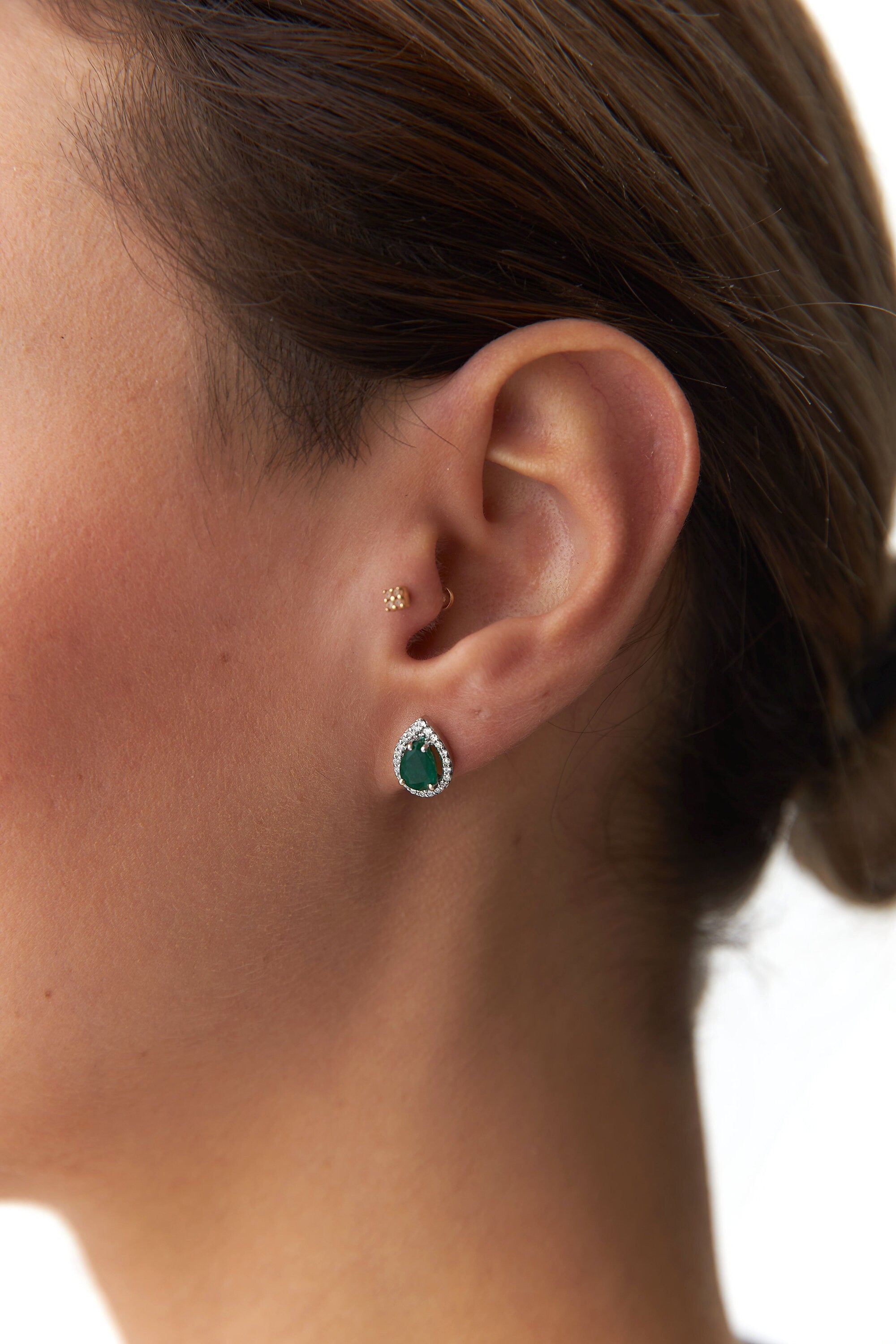 Large Pear Cut Emerald and Diamond Earring in 14K Gold / Green Pair