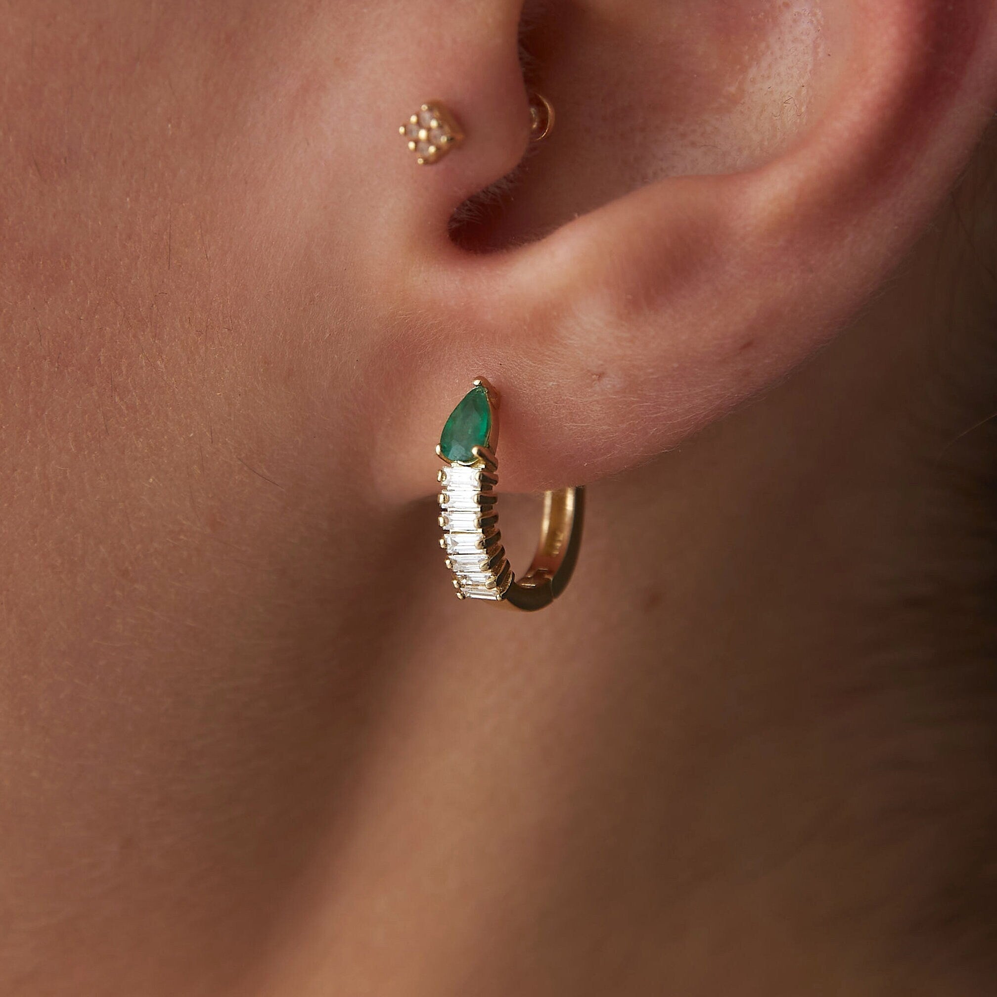Emerald Earrings With Baguette Cut Diamonds Available in 14K and 18K Gold