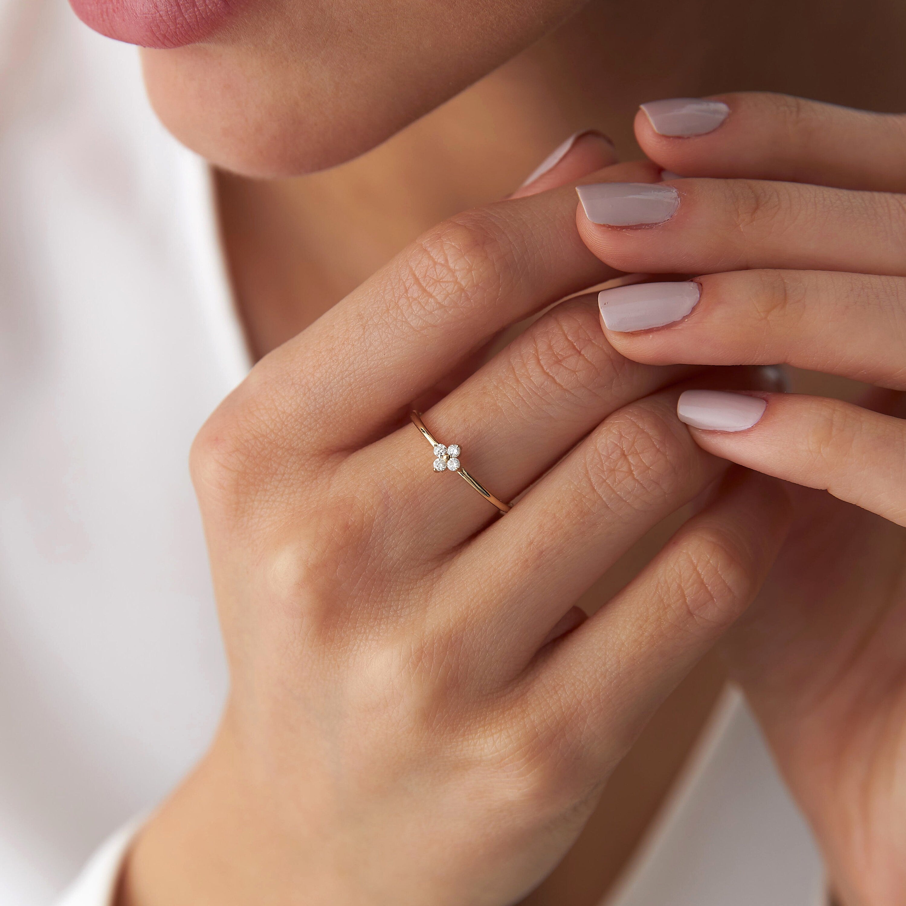 Tiny Diamond Clover Ring in 14K Gold