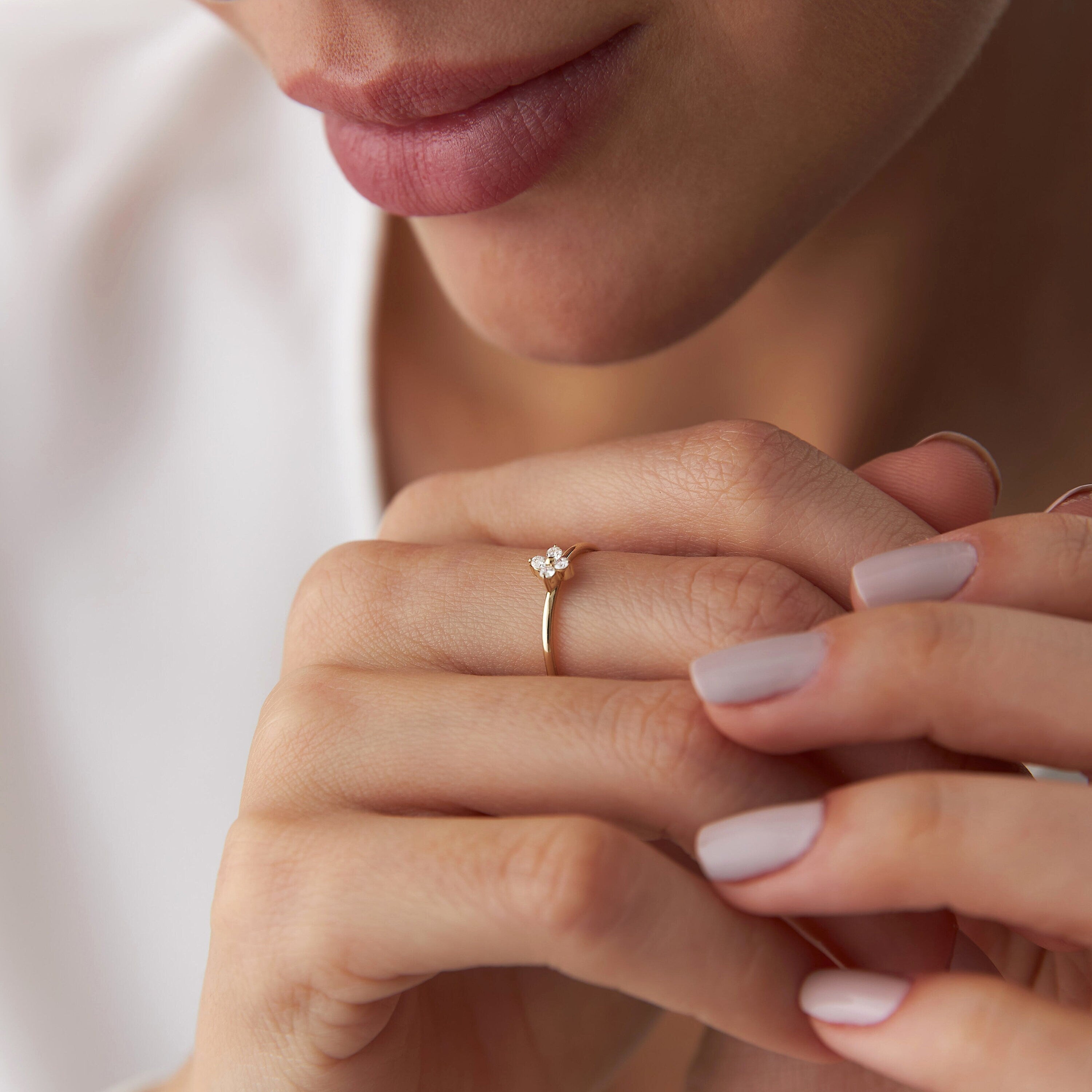 Tiny Diamond Clover Ring in 14K Gold