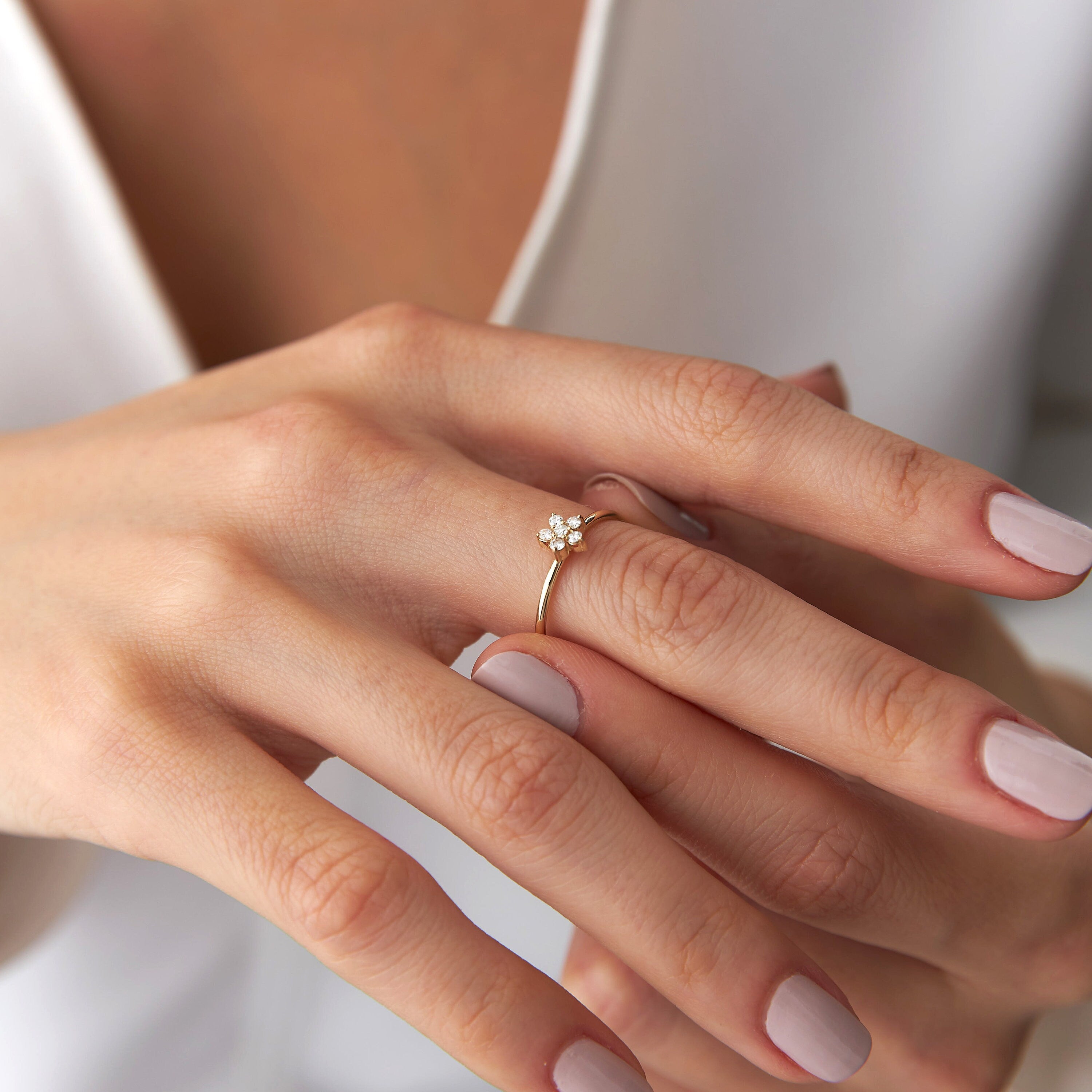 Minimal Diamond Flower Cluster Ring in 14K Gold