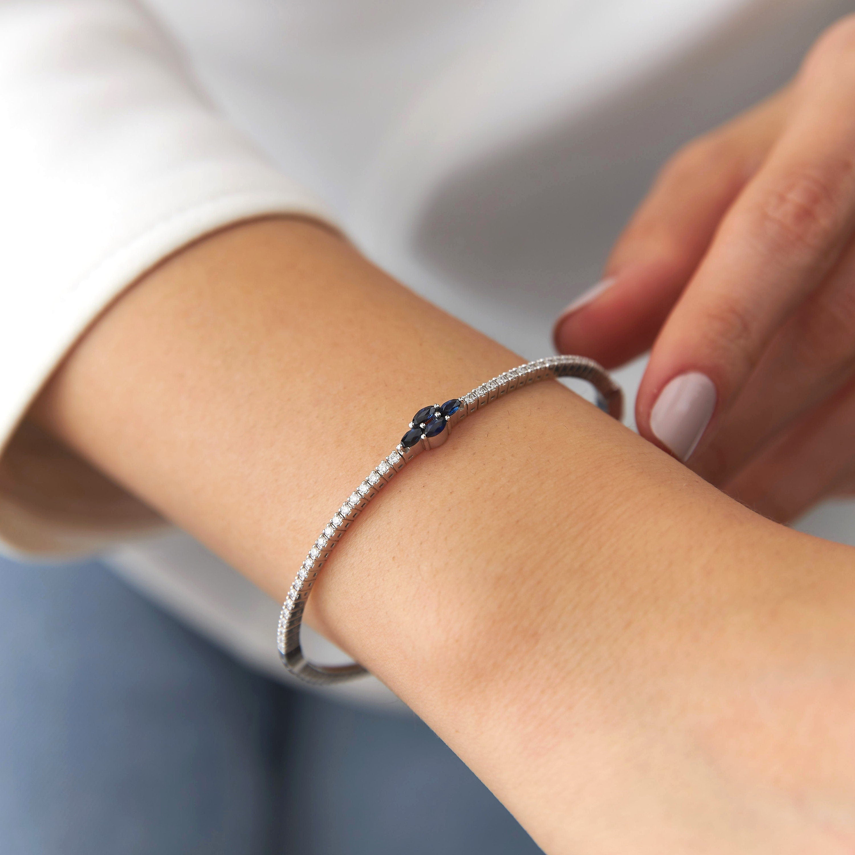 Diamond and Sapphire Bangle Bracelet in 14K Gold