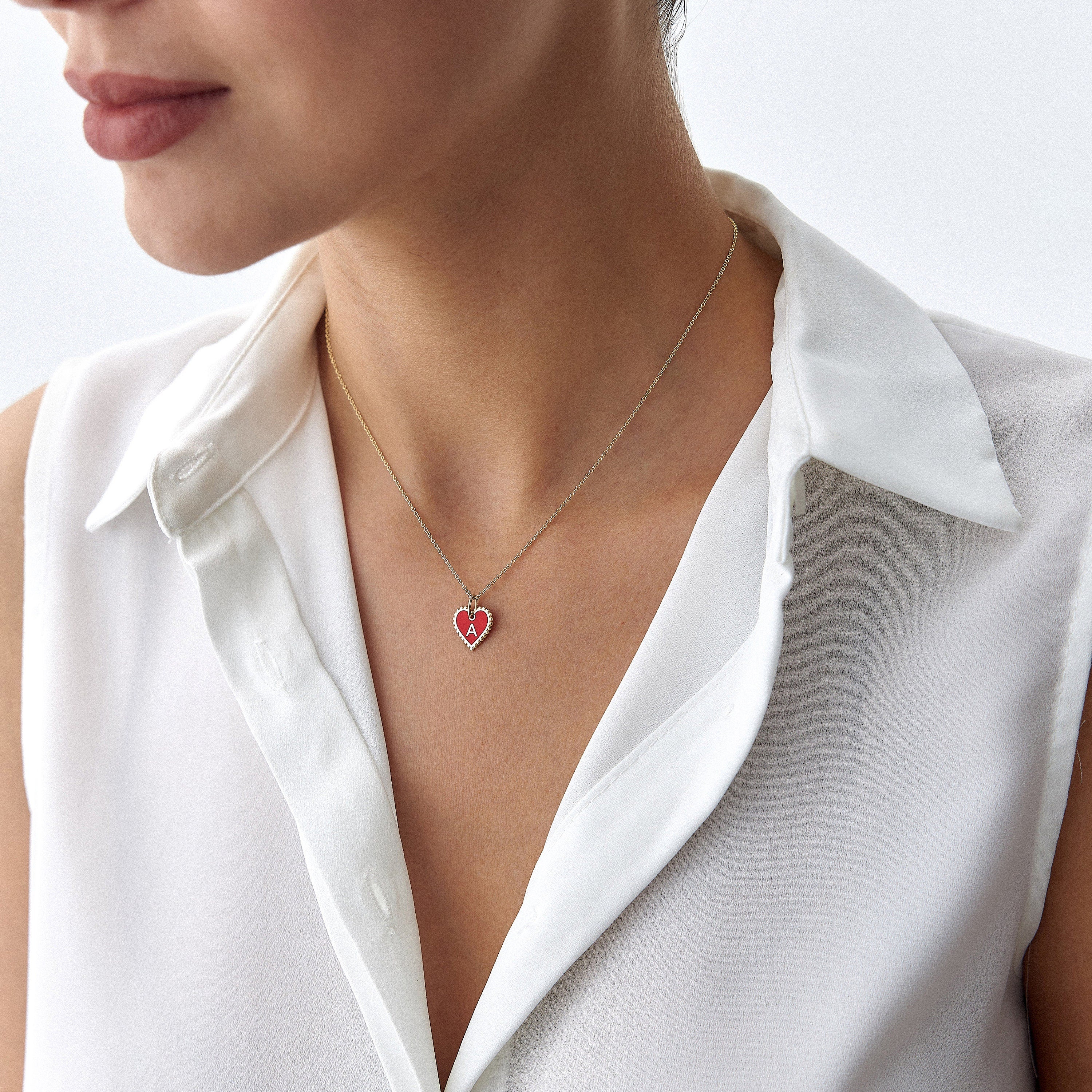 Red Enamel Heart Initial Pendant Necklace in 14K Gold