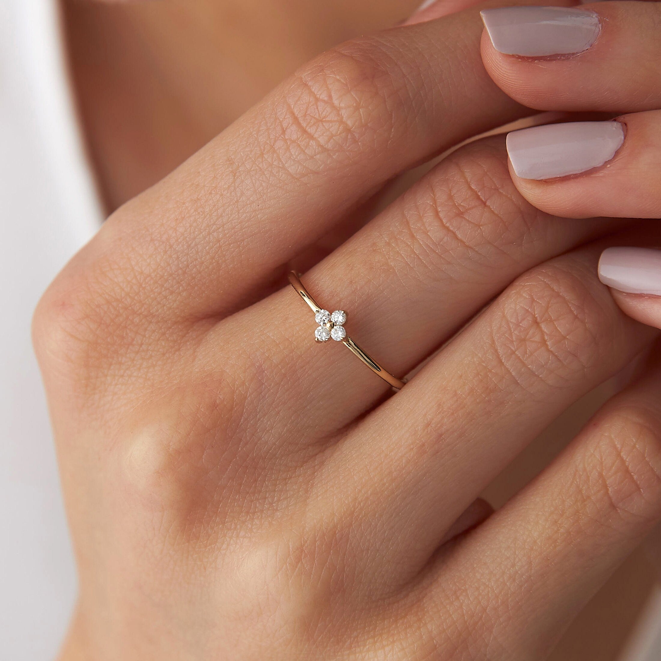 Tiny Diamond Clover Ring in 14K Gold