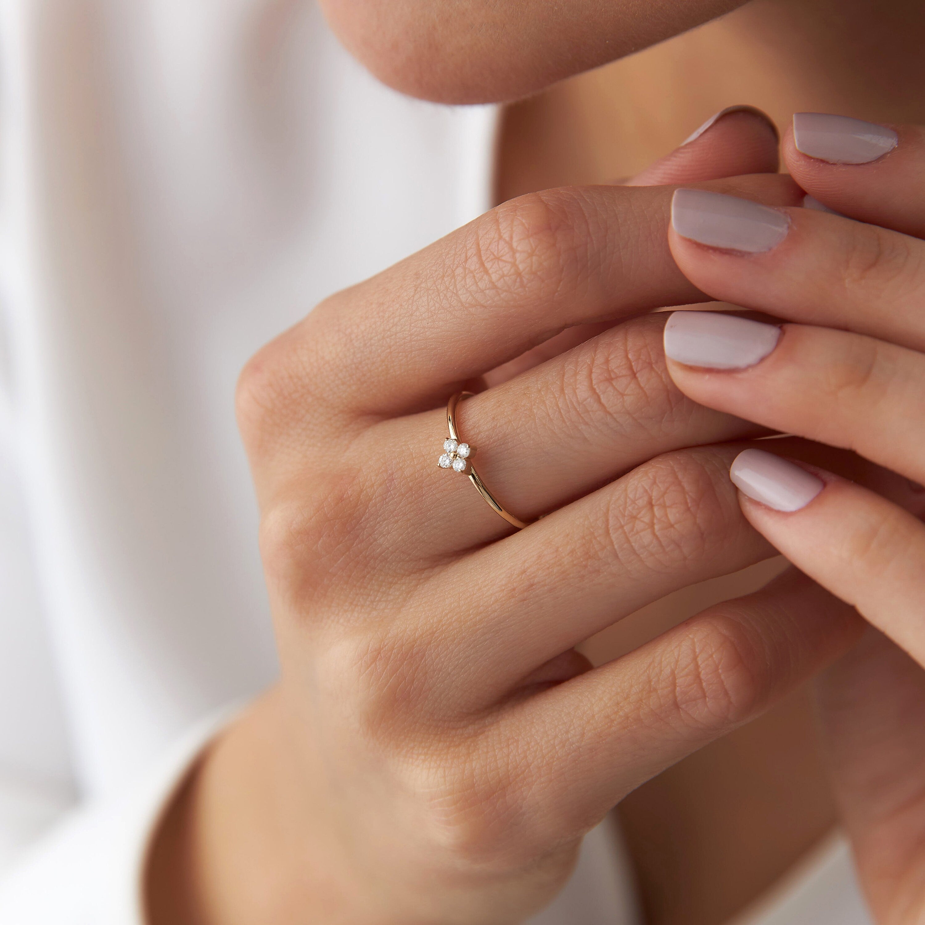 Tiny Diamond Clover Ring in 14K Gold