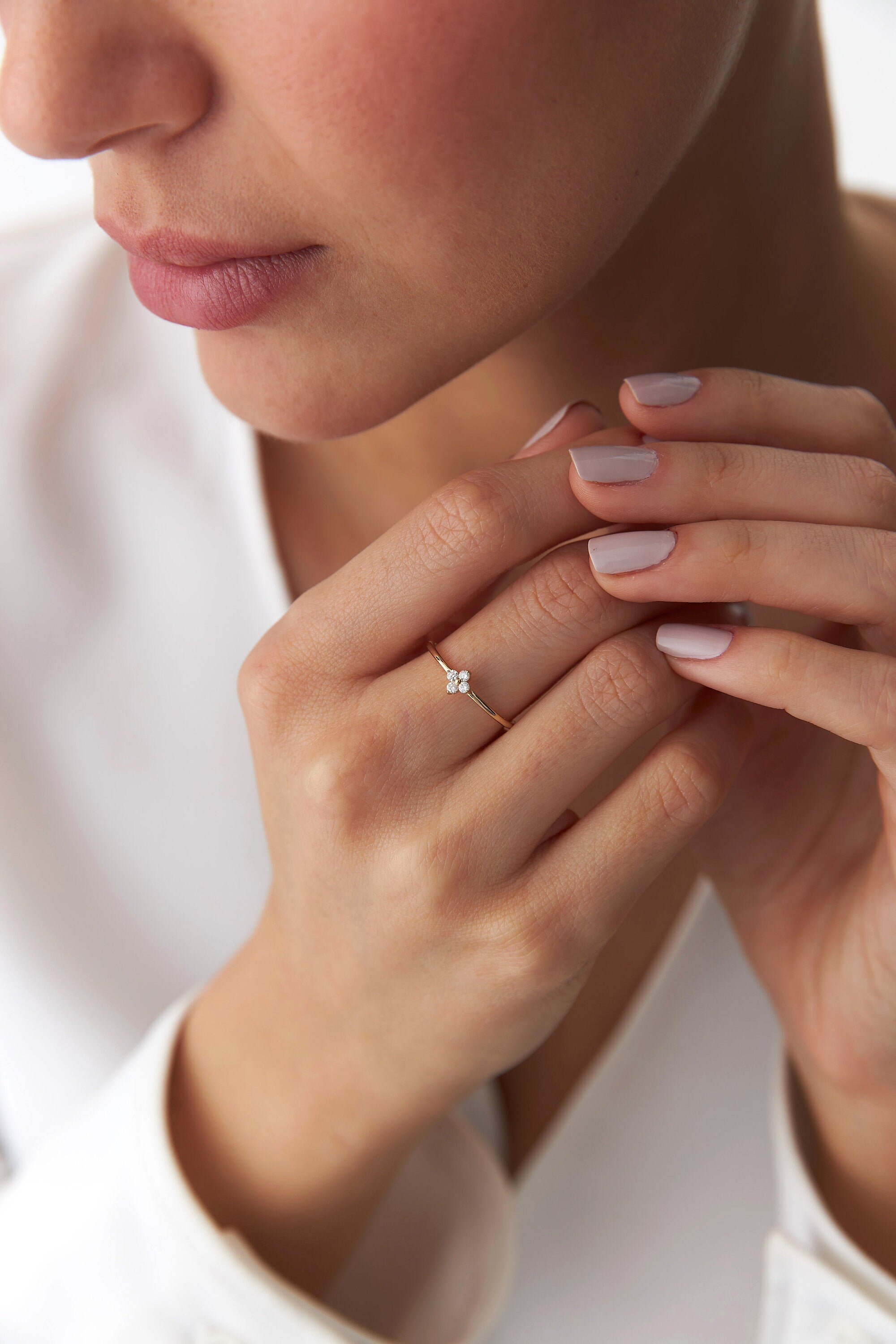Tiny Diamond Clover Ring in 14K Gold