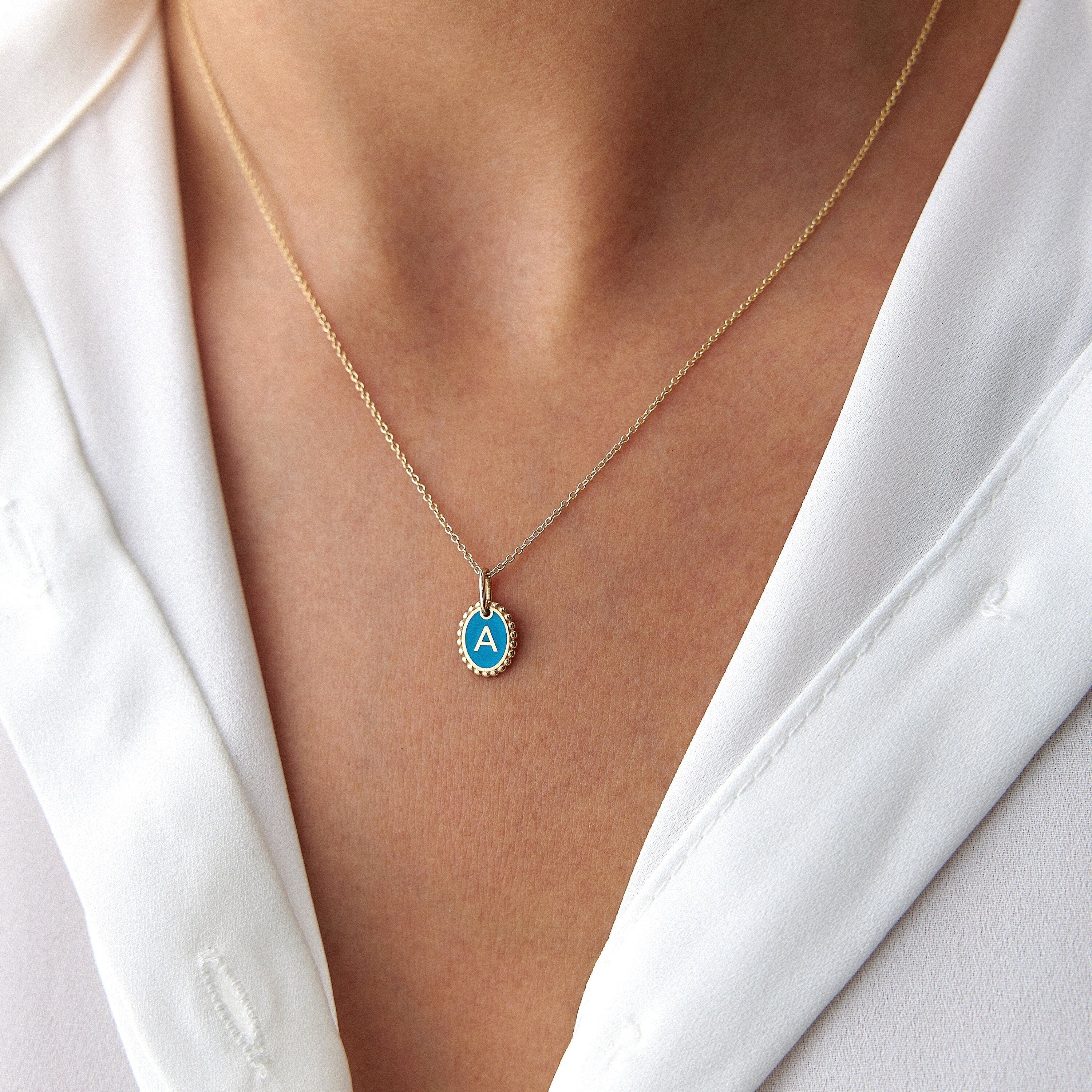 Itty Bitty Tiny Sky Blue Enamel Initial Necklace in 14K Gold