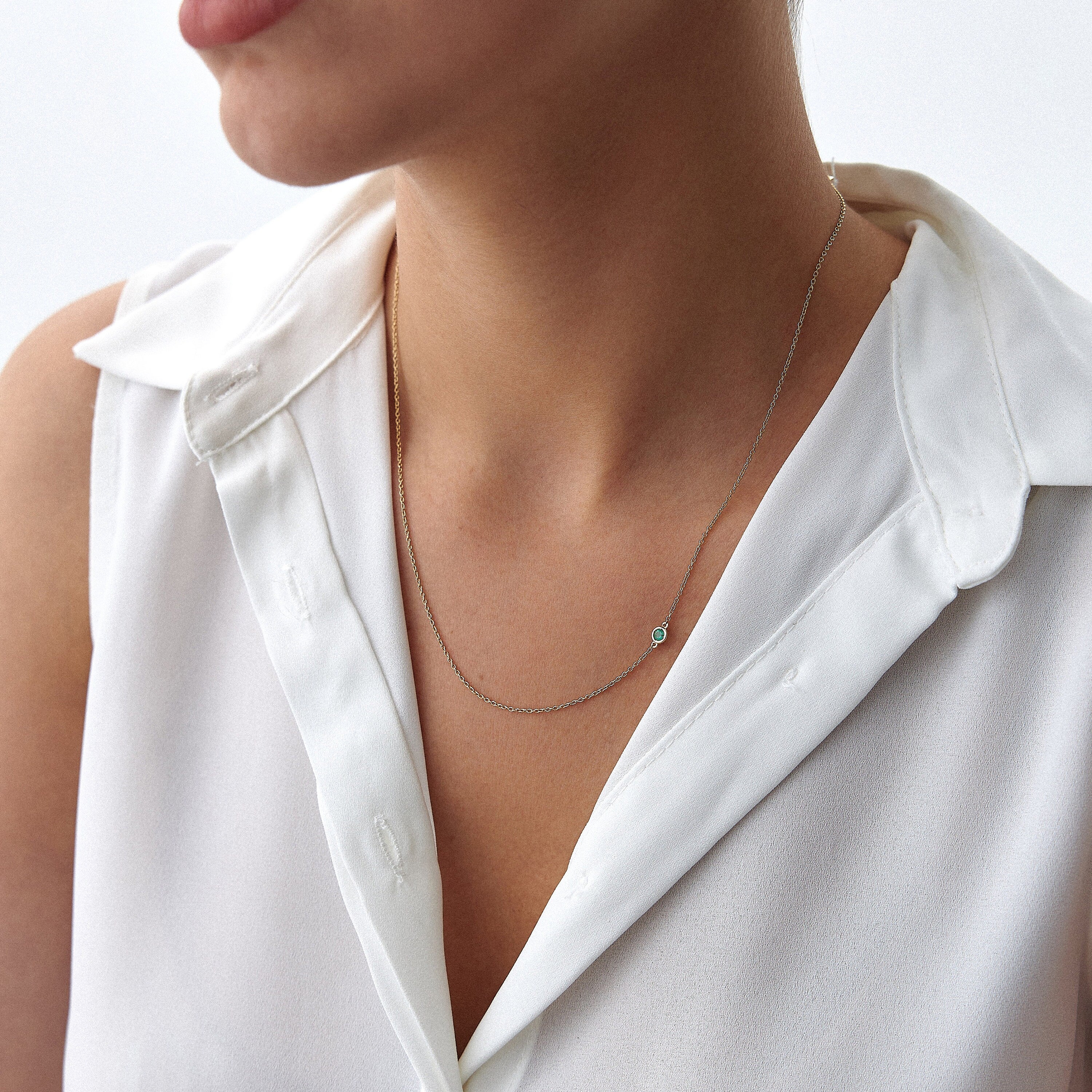 Asymmetric Floating Emerald Solitaire Necklace