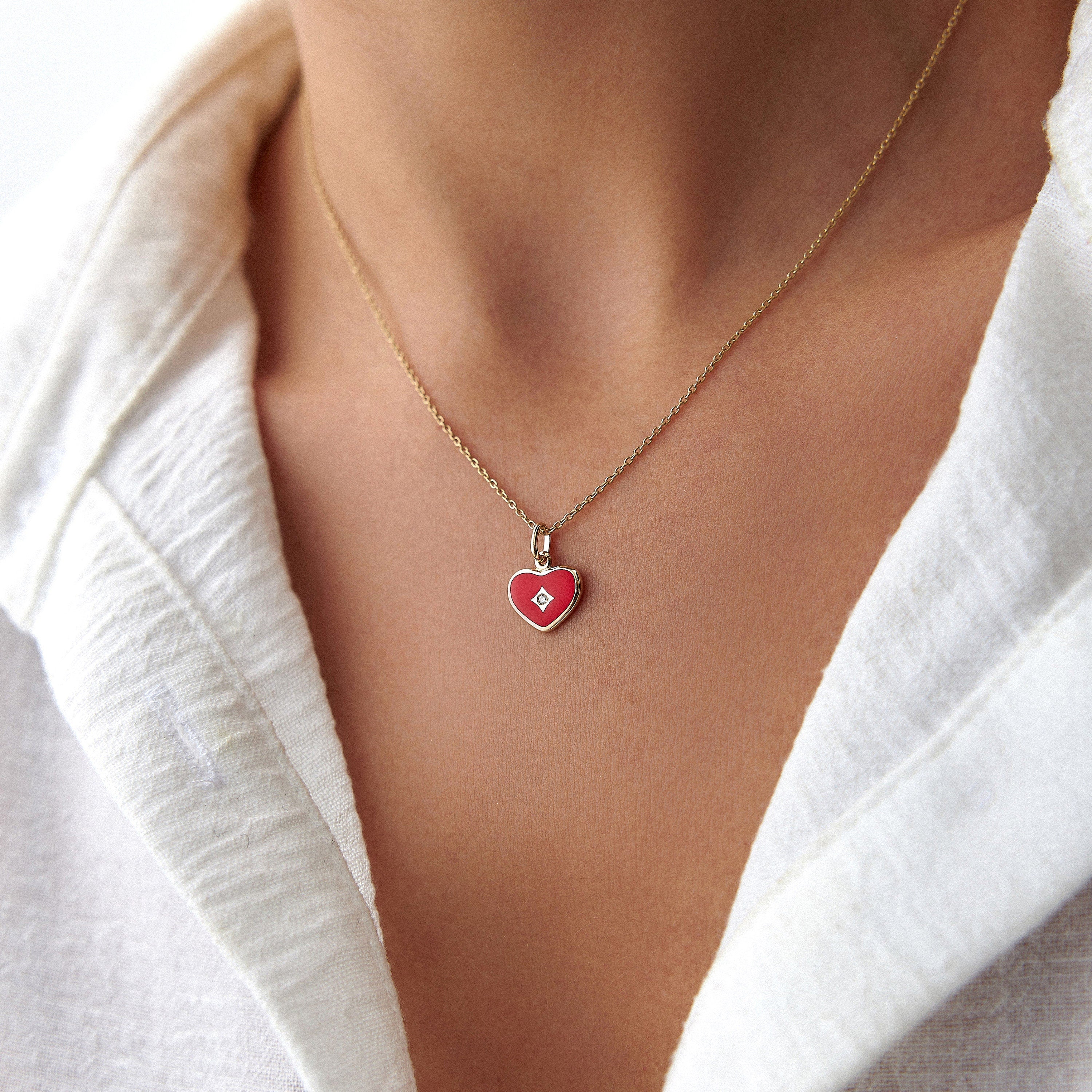 Mini Diamond Red Heart Necklace in 14K Gold