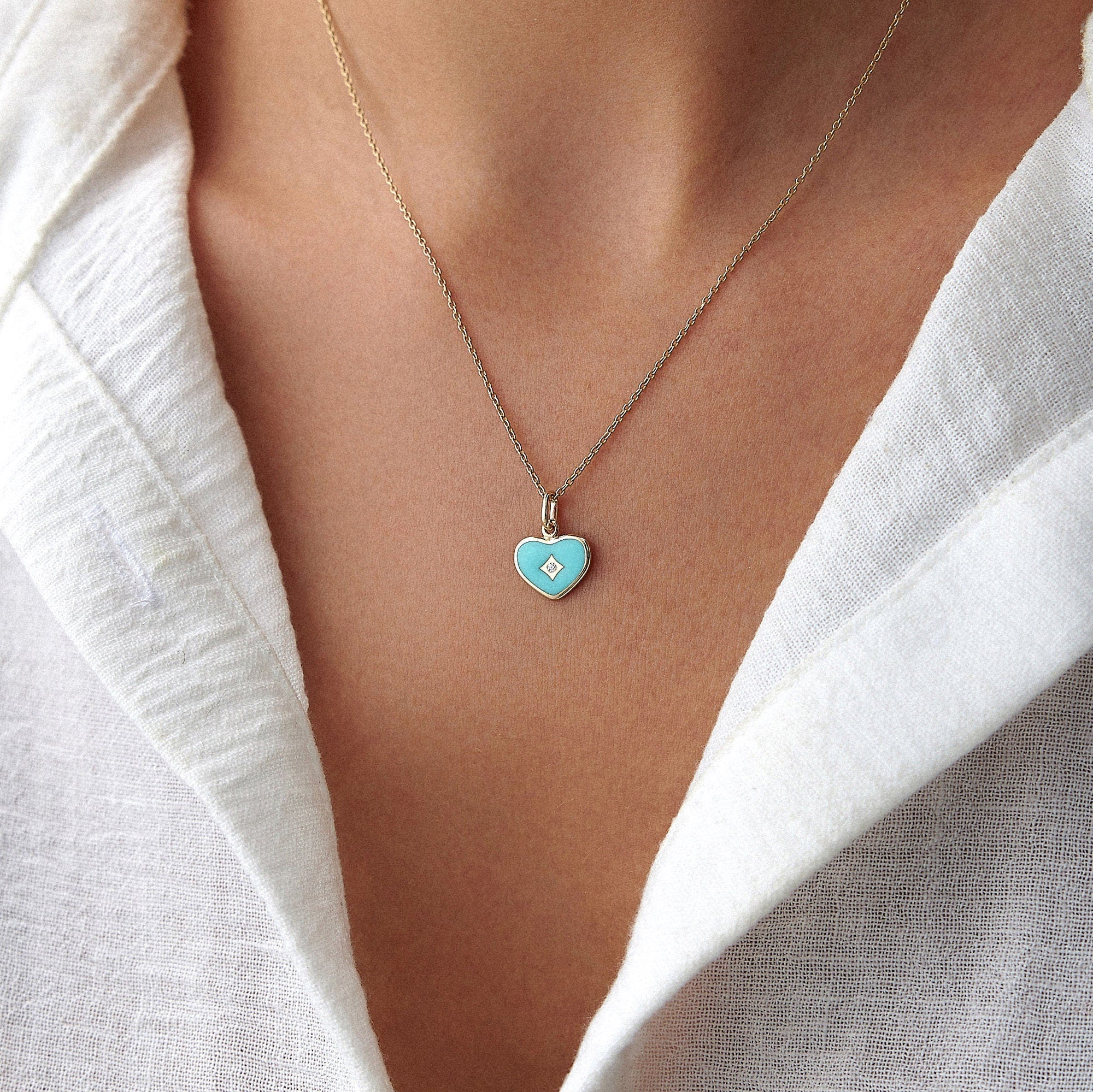 Mini Diamond Turquoise Heart Necklace in 14K Gold