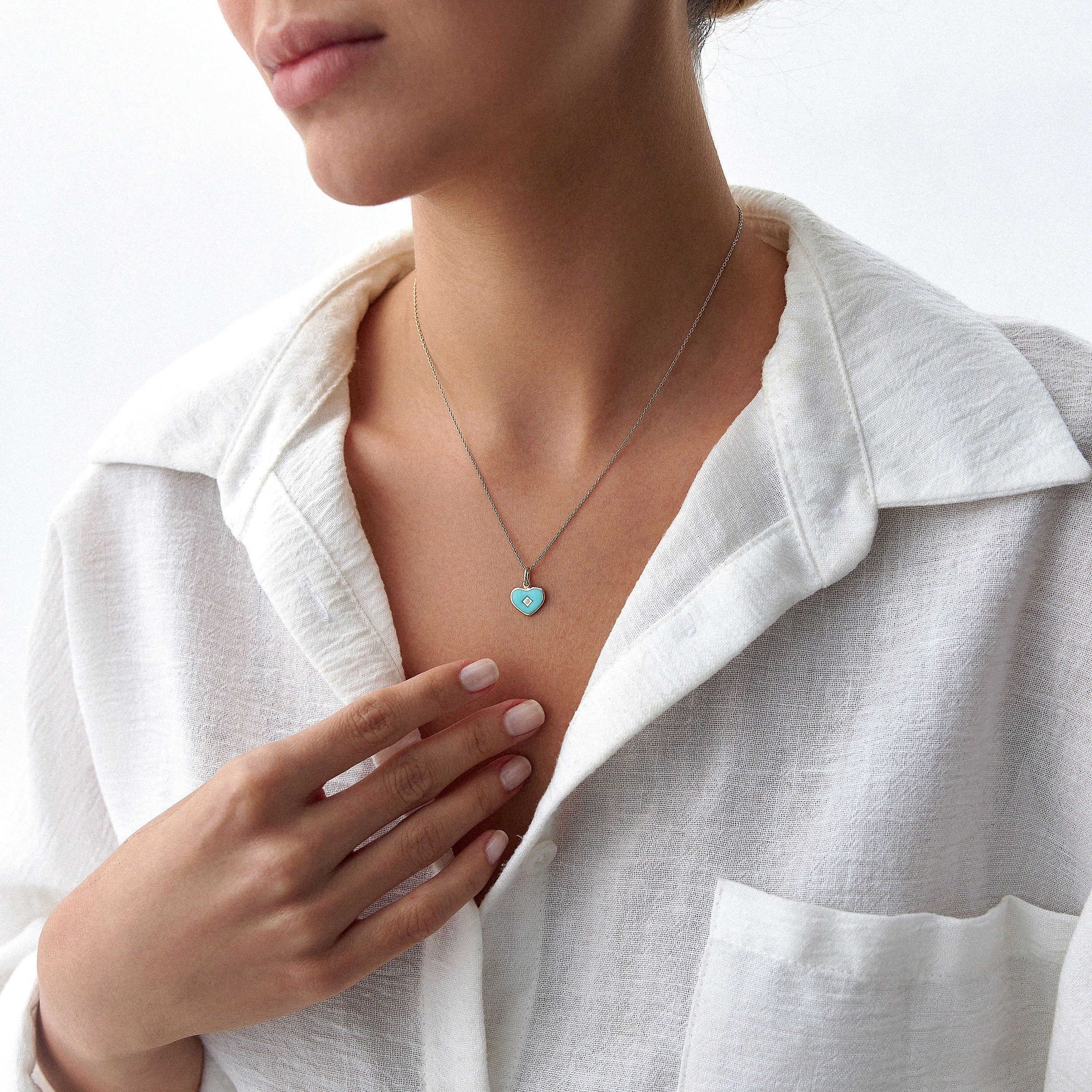 Mini Diamond Turquoise Heart Necklace in 14K Gold