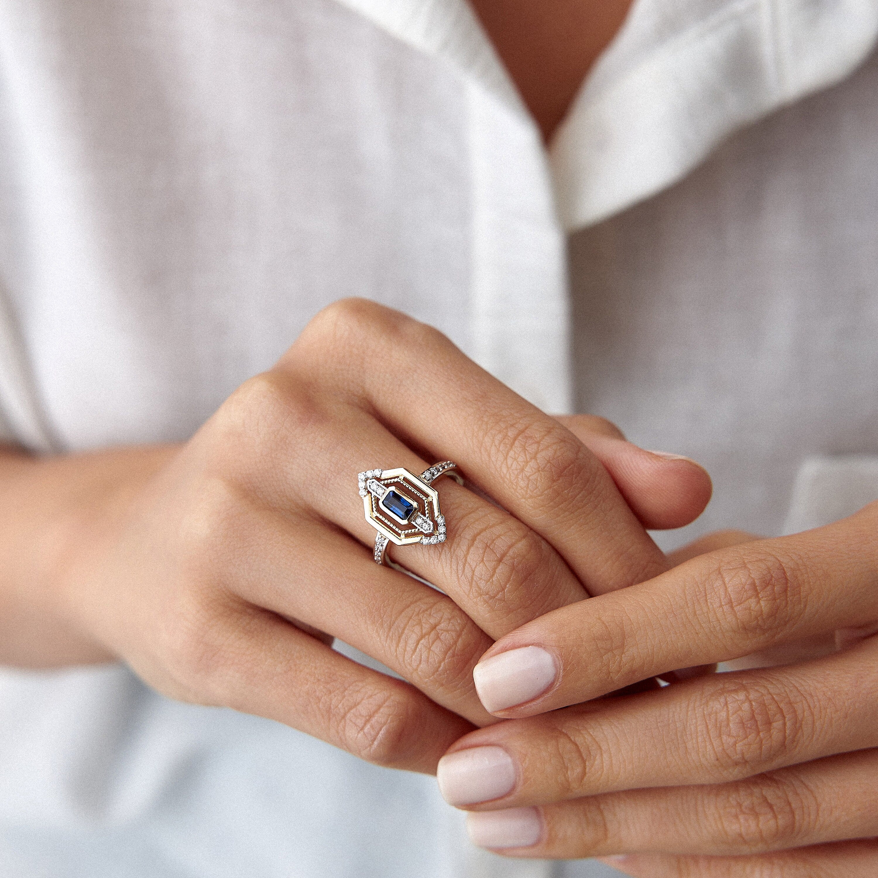 Emerald Cut Sapphire and Diamond Ring in 14K Gold