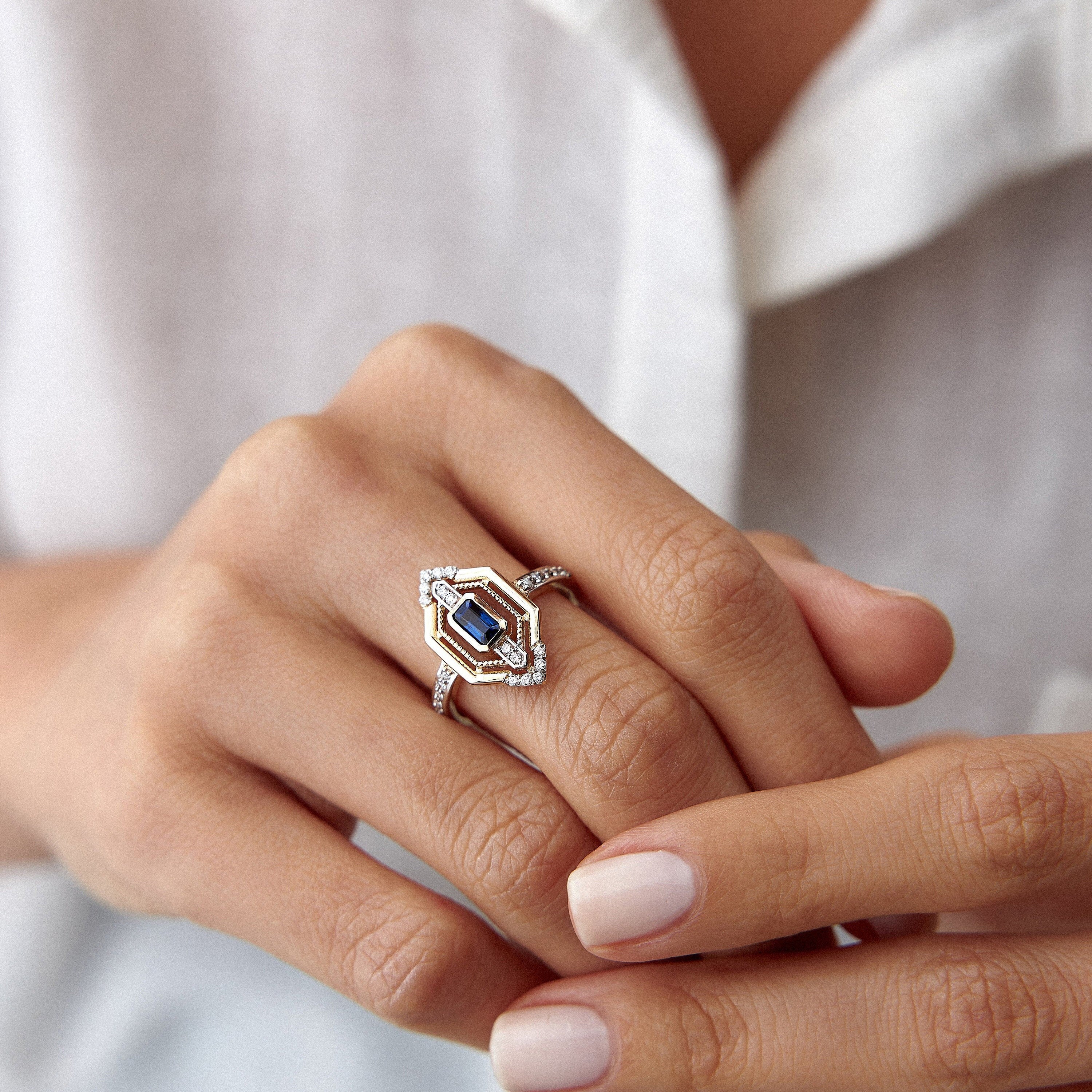 Emerald Cut Sapphire and Diamond Ring in 14K Gold