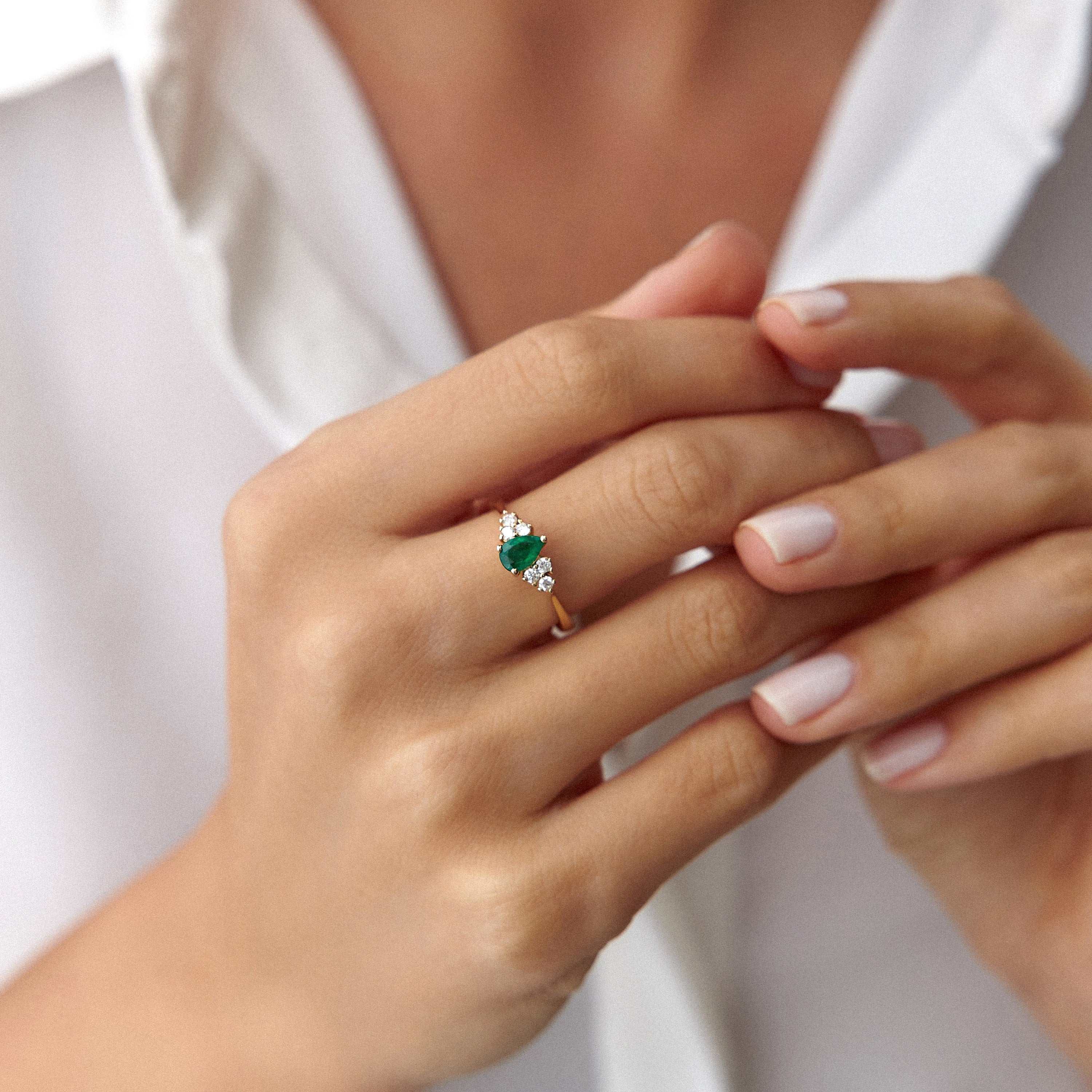Pear Cut Emerald Ring With Diamonds in 14K Gold