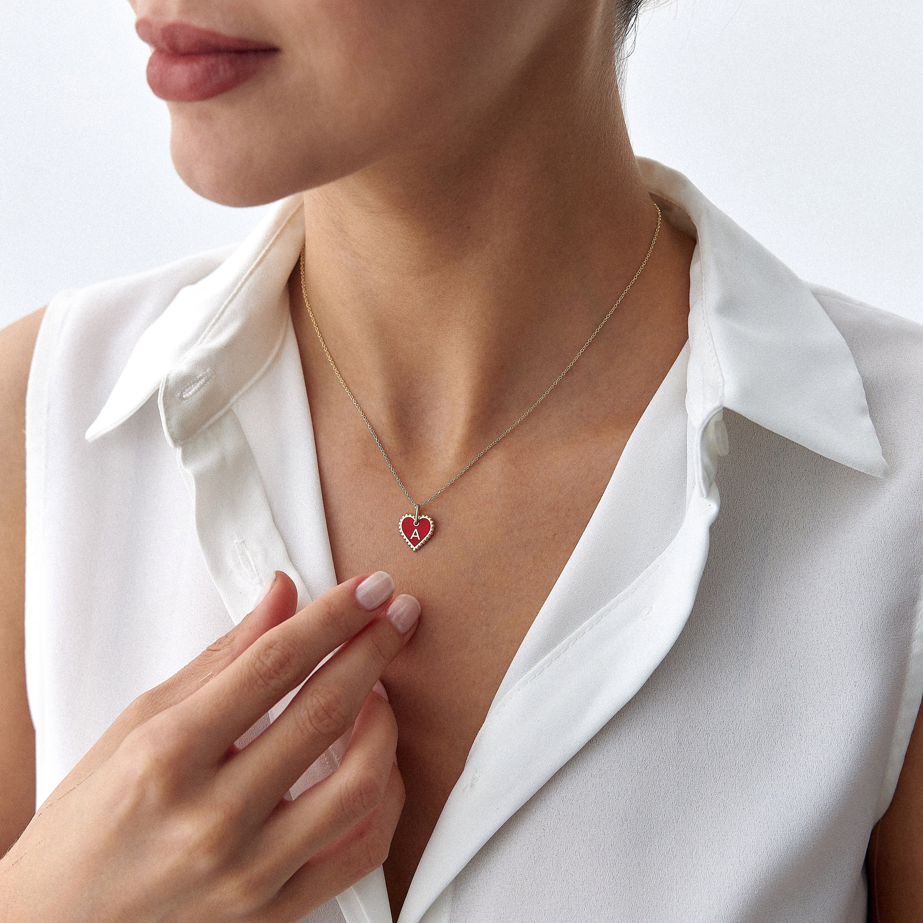 Red Enamel Heart Initial Pendant Necklace in 14K Gold