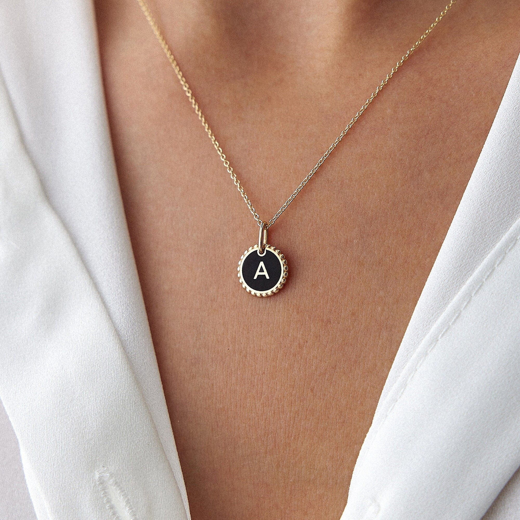 Enamel Initial Necklace in 14K Gold