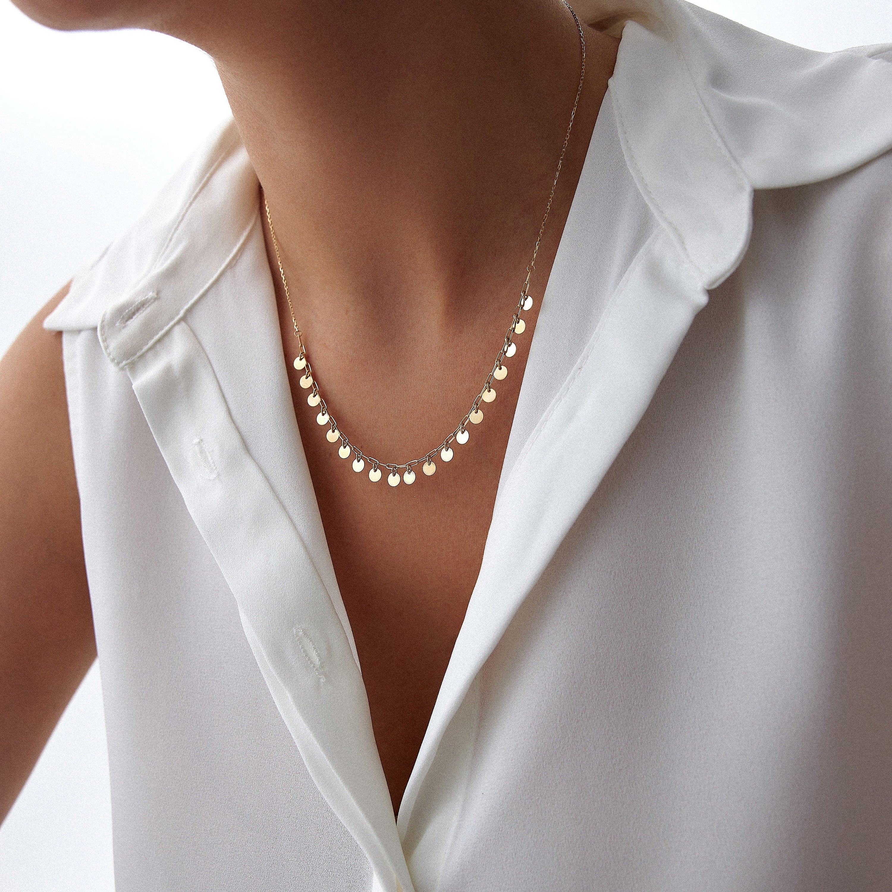 Dangling Disc Station Necklace in 14K Gold